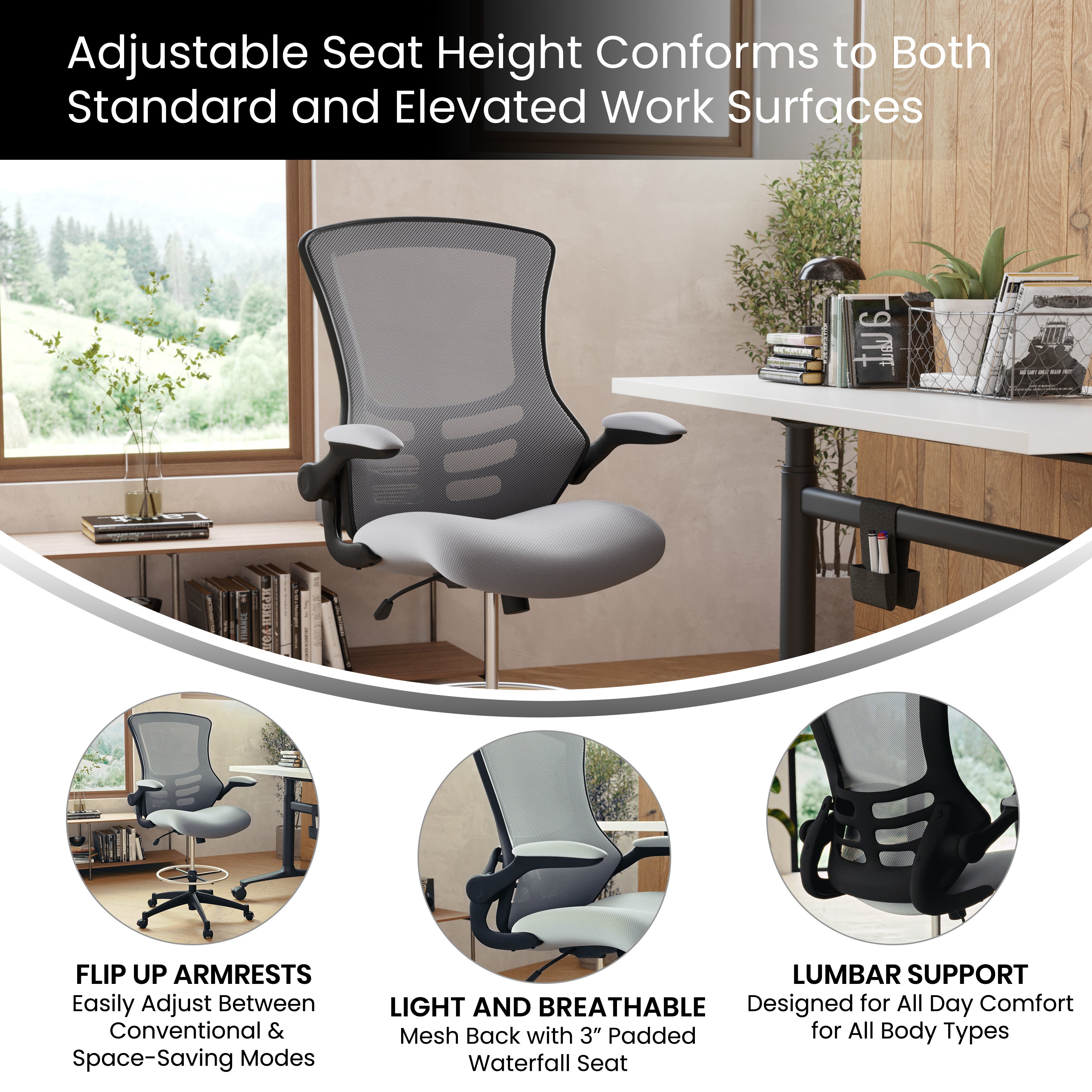 Kelista Mid-Back Dark Gray Mesh Ergonomic Drafting Chair with Adjustable Foot Ring and Flip-Up Arms
