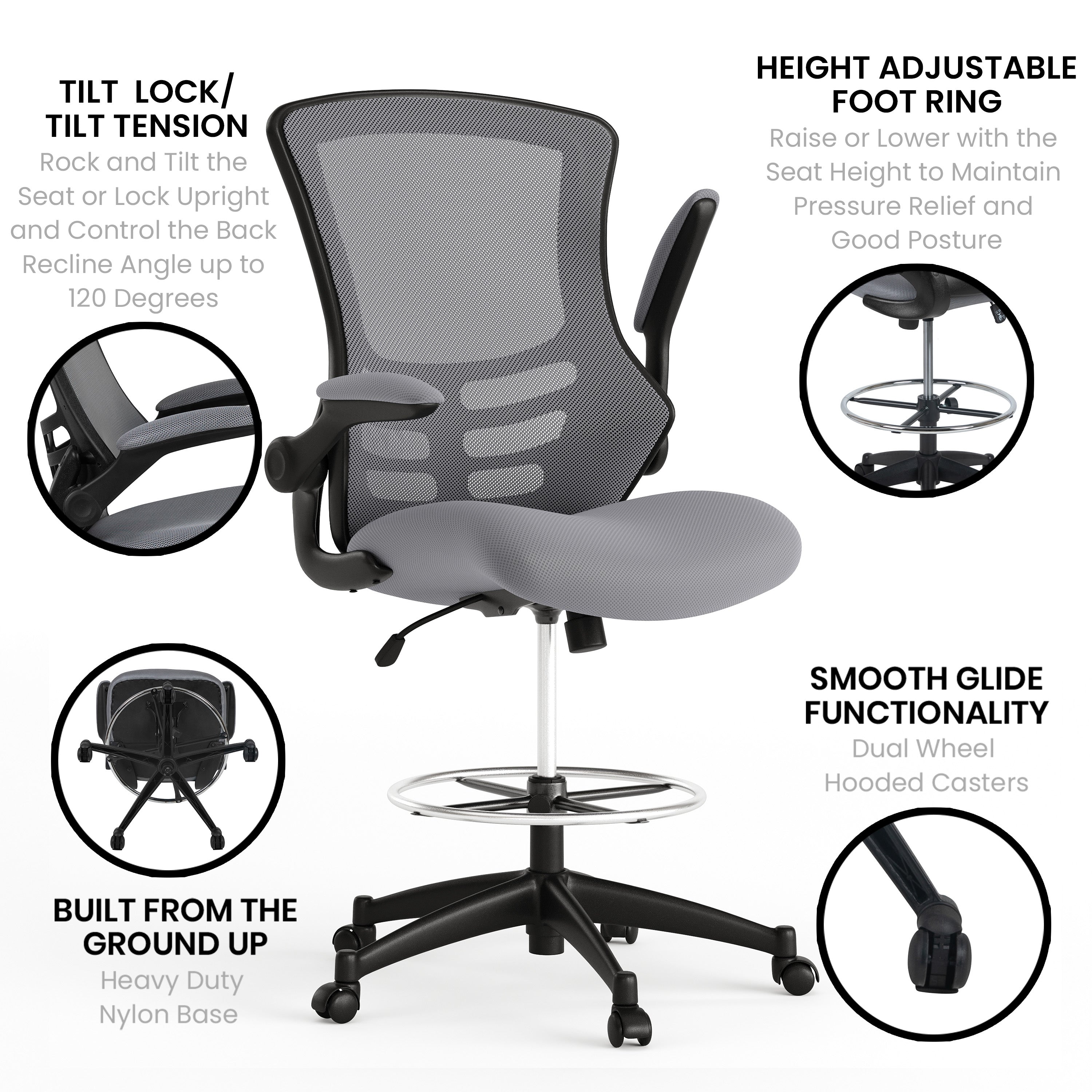 Kelista Mid-Back Dark Gray Mesh Ergonomic Drafting Chair with Adjustable Foot Ring and Flip-Up Arms