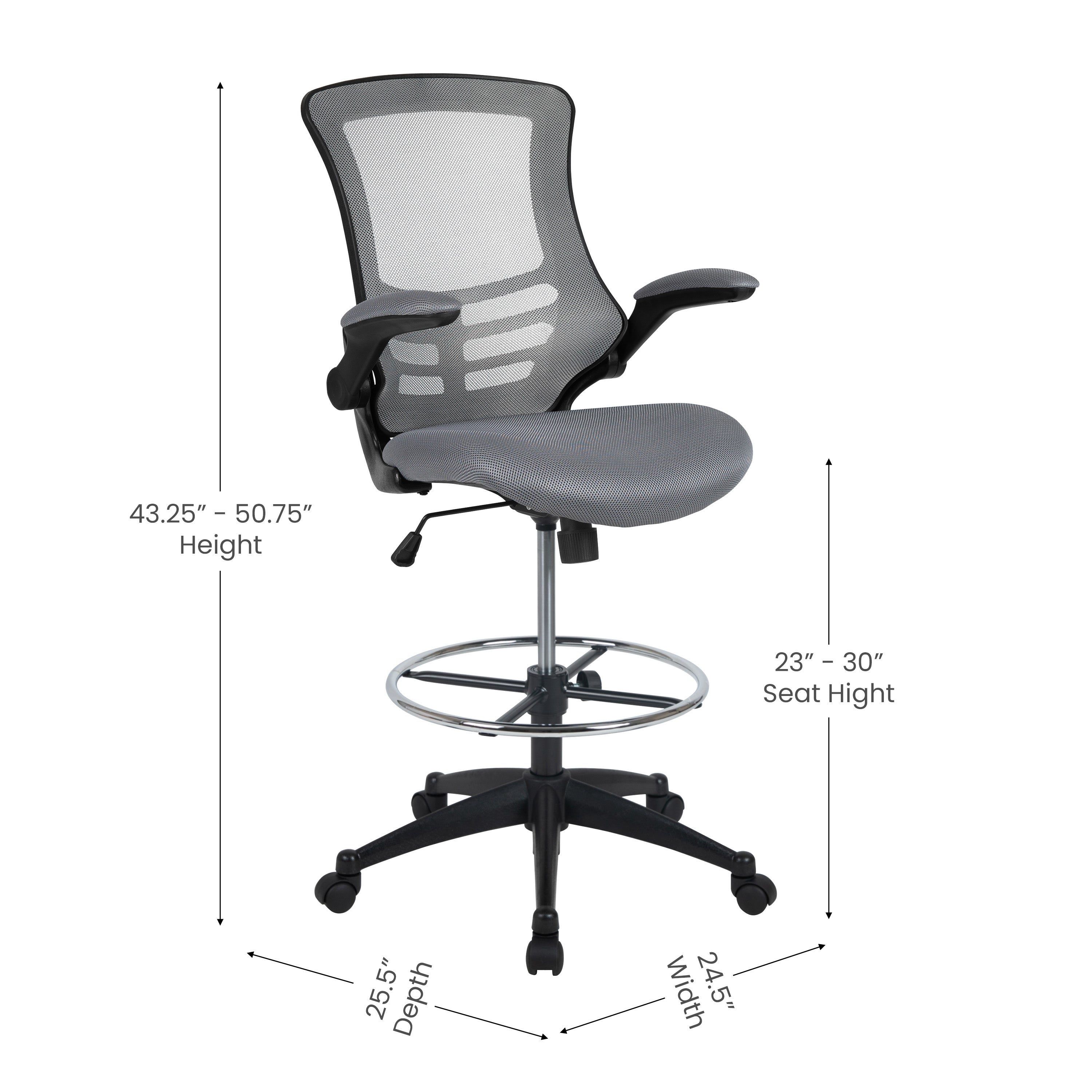 Kelista Mid-Back Dark Gray Mesh Ergonomic Drafting Chair with Adjustable Foot Ring and Flip-Up Arms