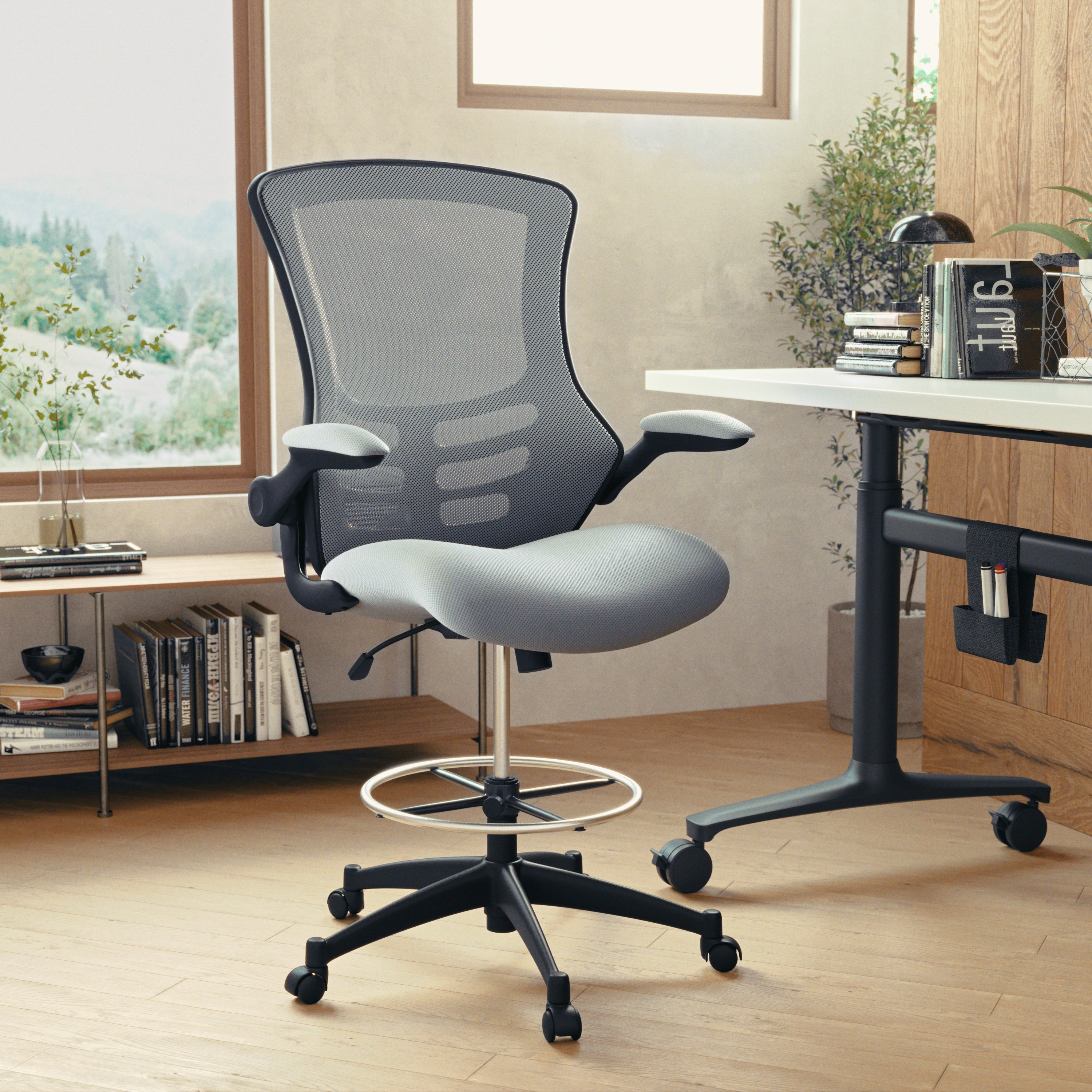 Kelista Mid-Back Dark Gray Mesh Ergonomic Drafting Chair with Adjustable Foot Ring and Flip-Up Arms