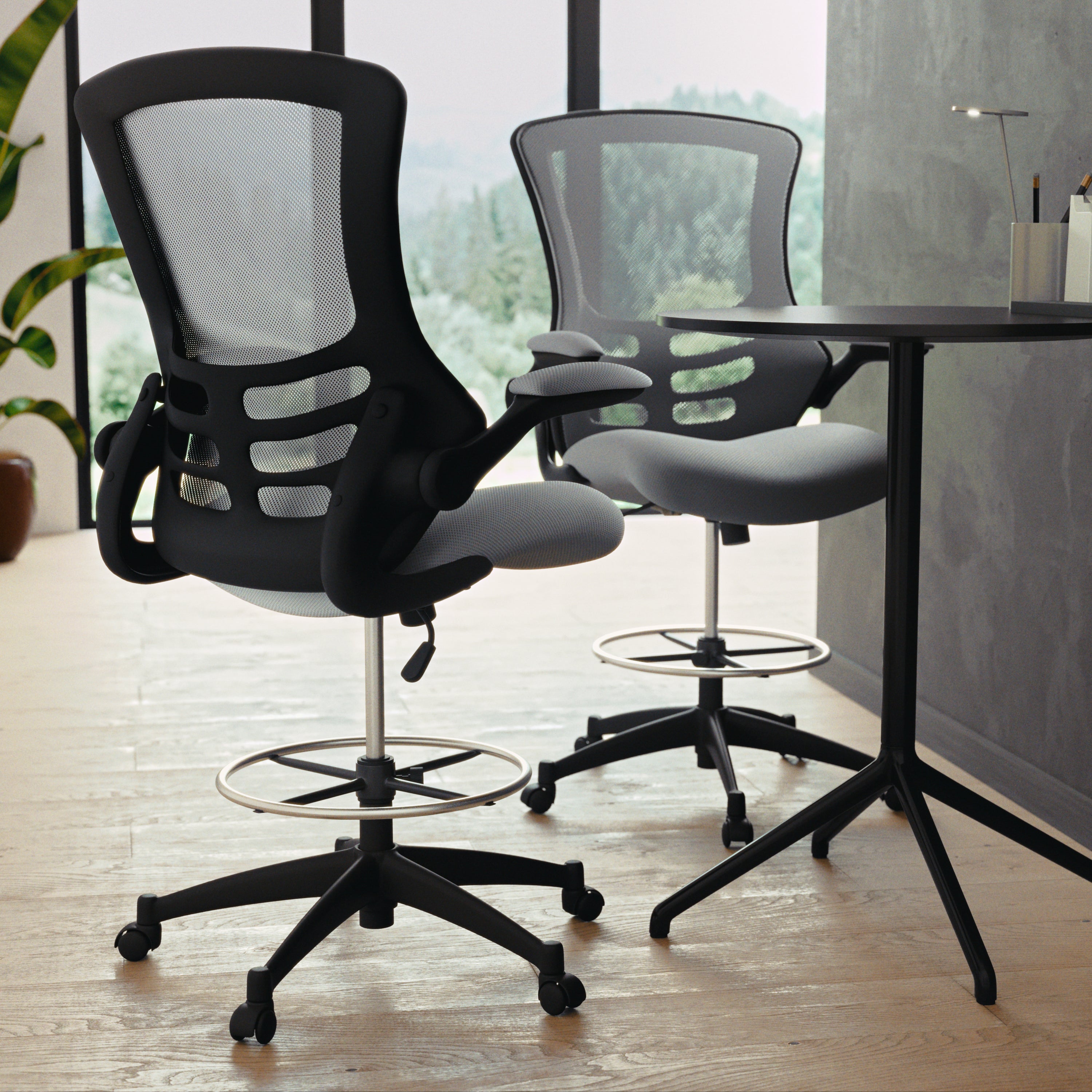 Kelista Mid-Back Dark Gray Mesh Ergonomic Drafting Chair with Adjustable Foot Ring and Flip-Up Arms