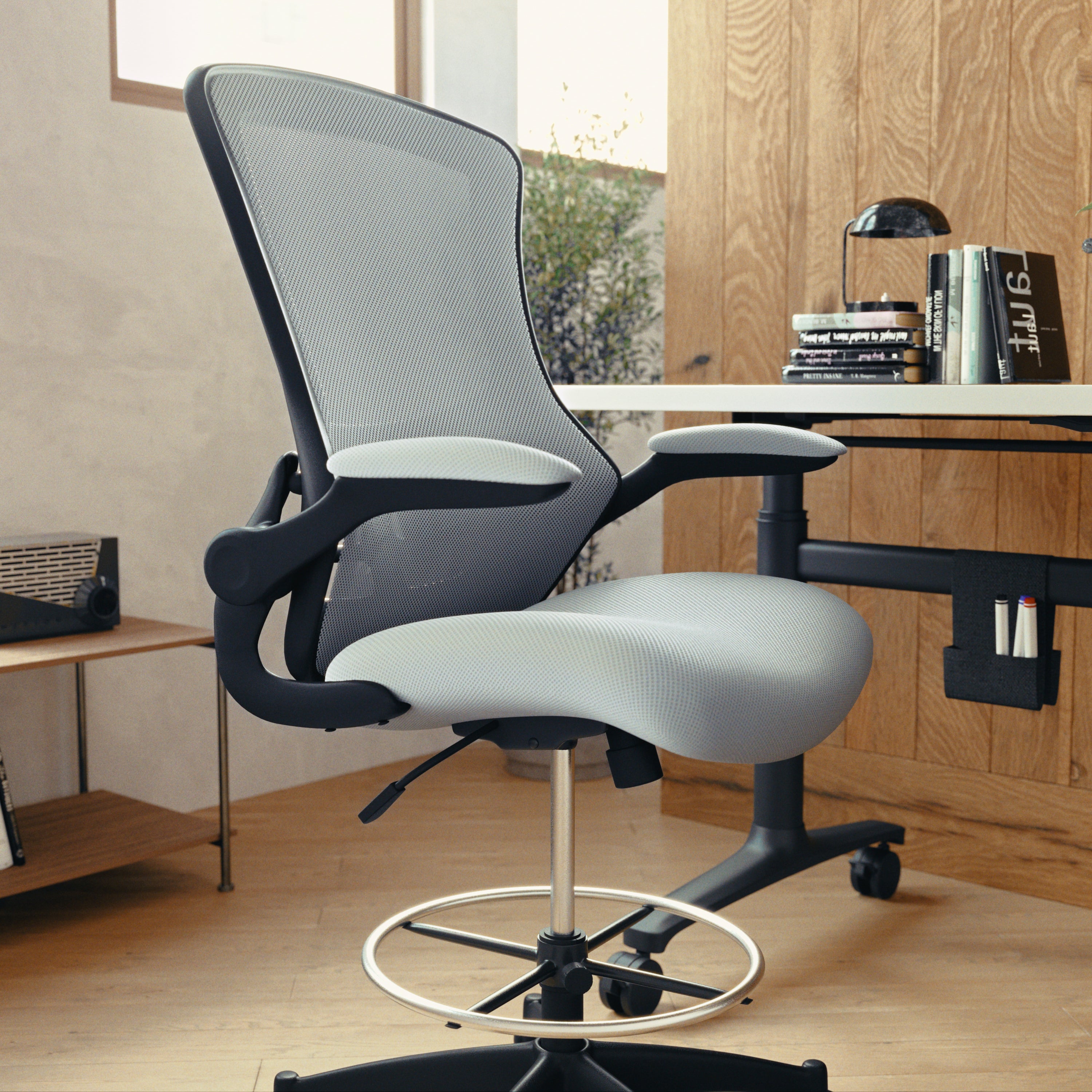 Kelista Mid-Back Dark Gray Mesh Ergonomic Drafting Chair with Adjustable Foot Ring and Flip-Up Arms