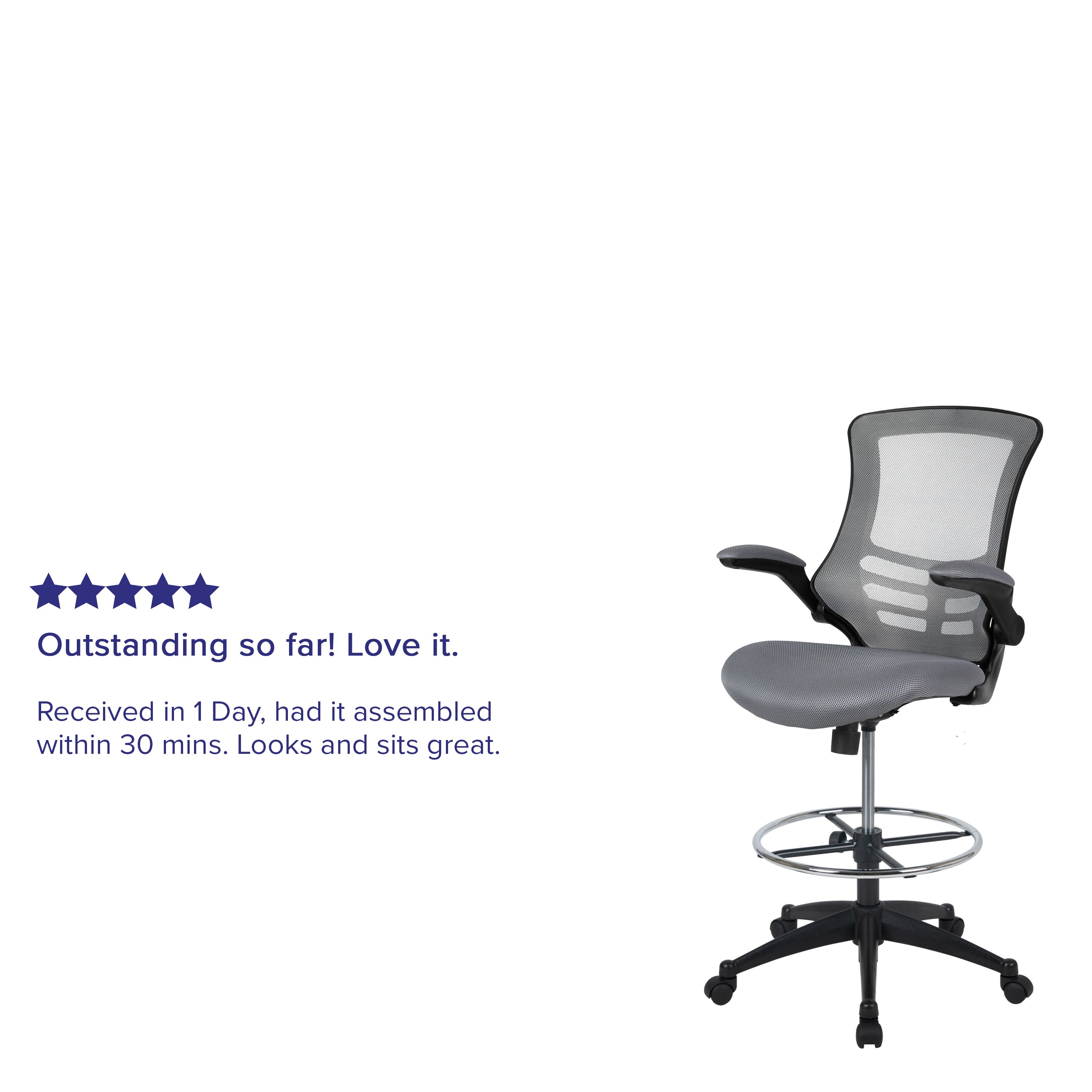 Kelista Mid-Back Dark Gray Mesh Ergonomic Drafting Chair with Adjustable Foot Ring and Flip-Up Arms