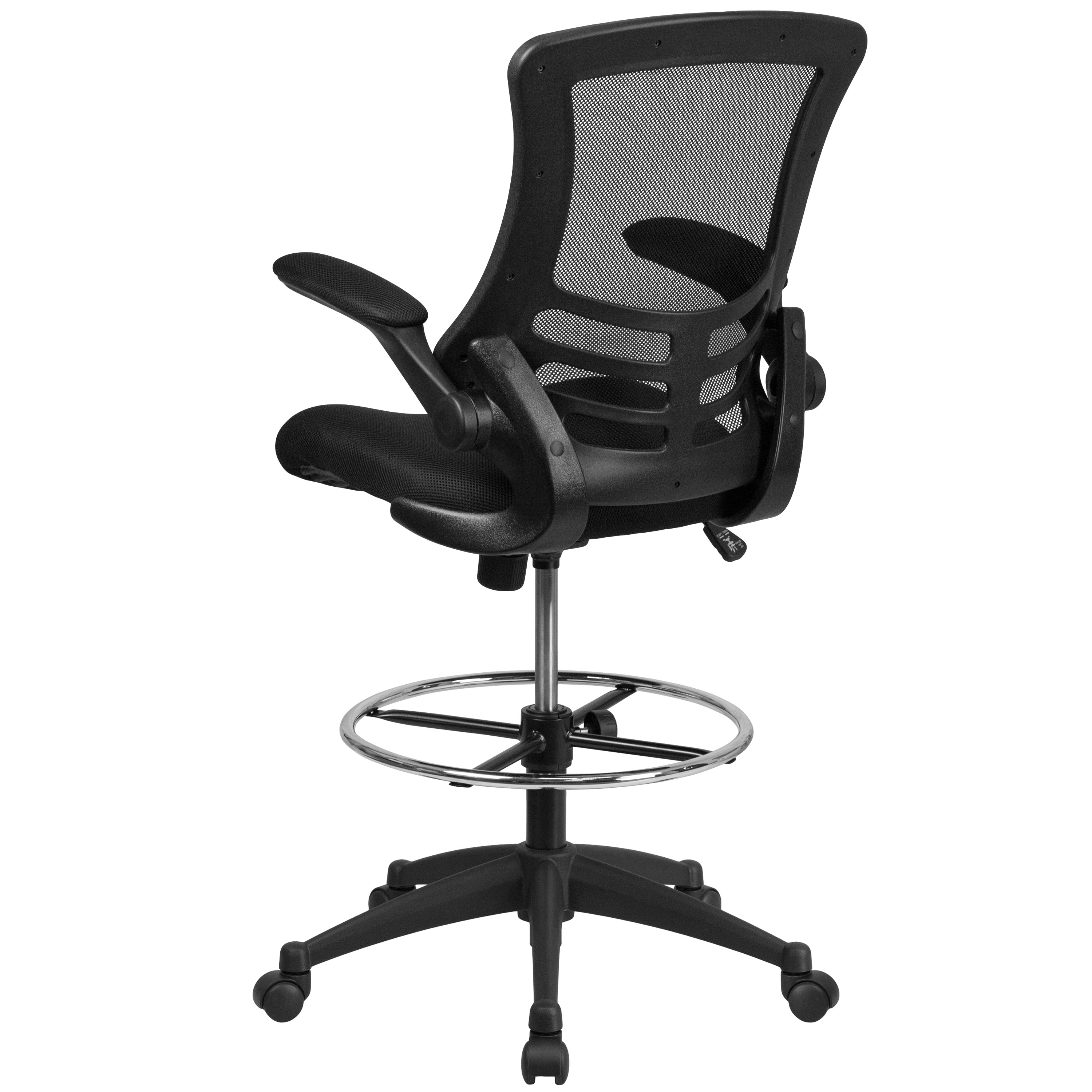 Kelista Mid-Back Black Mesh Ergonomic Drafting Chair with Adjustable Foot Ring and Flip-Up Arms
