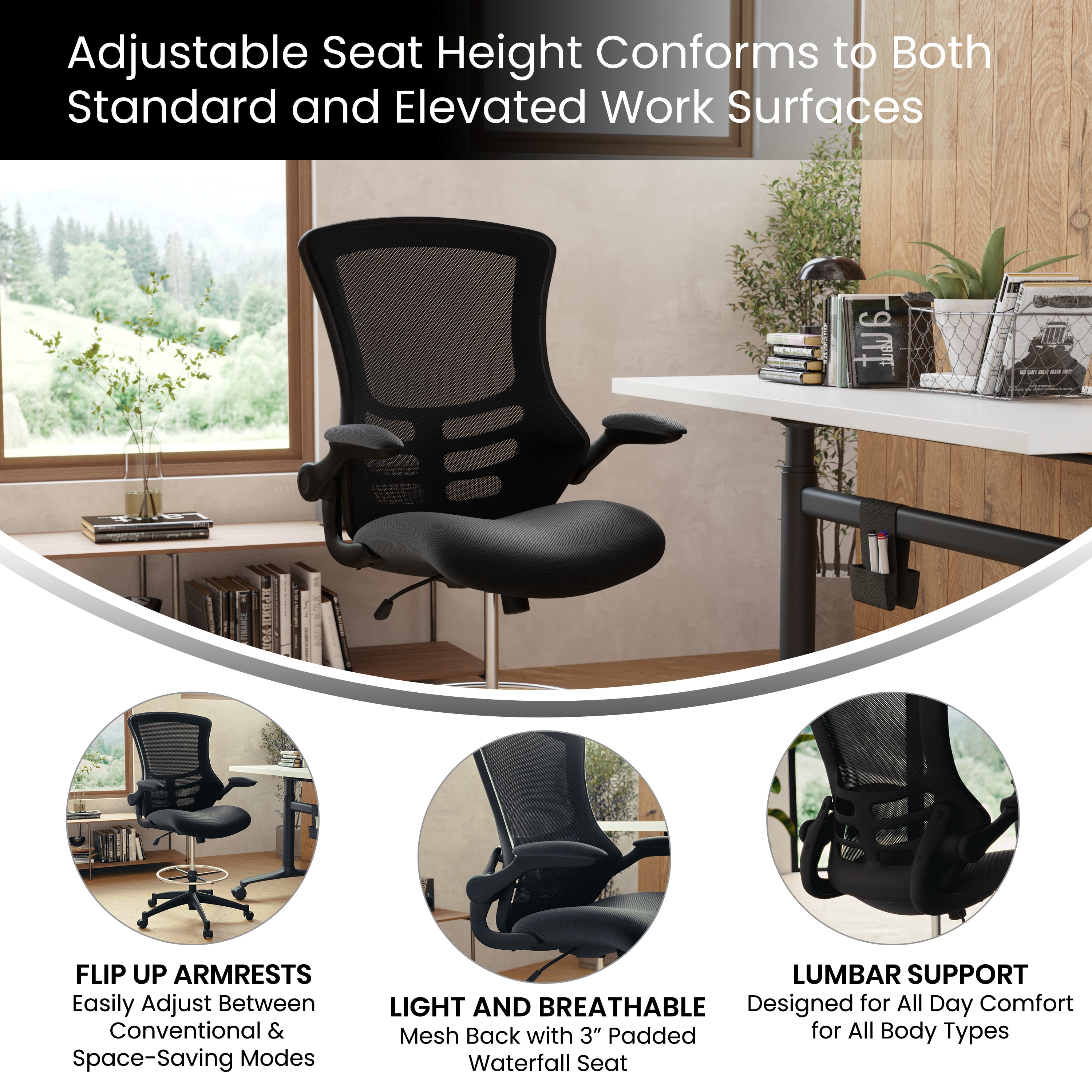 Kelista Mid-Back Black Mesh Ergonomic Drafting Chair with Adjustable Foot Ring and Flip-Up Arms