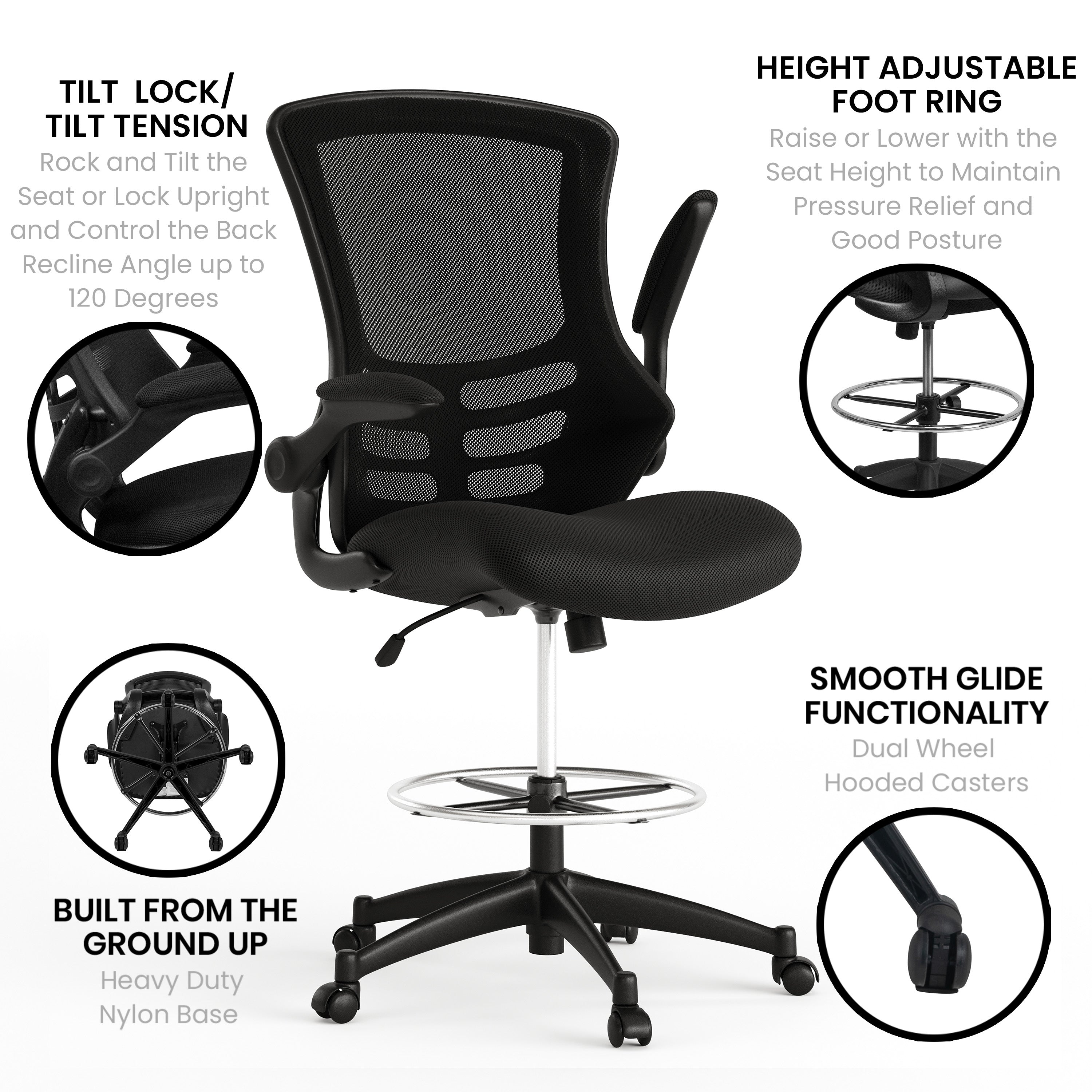 Kelista Mid-Back Black Mesh Ergonomic Drafting Chair with Adjustable Foot Ring and Flip-Up Arms