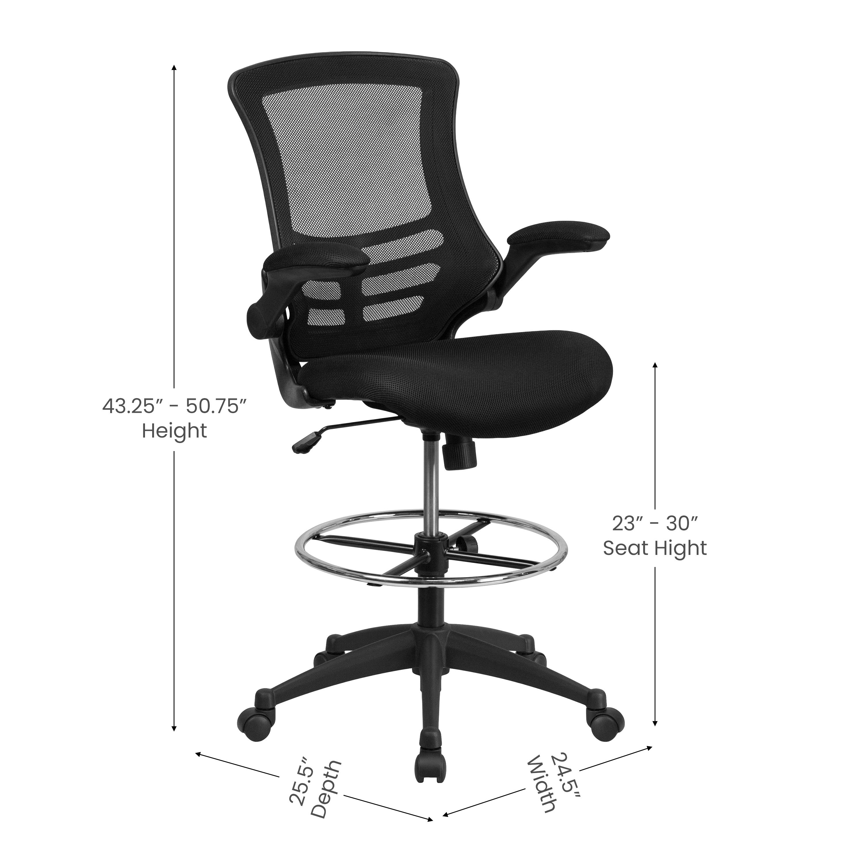 Kelista Mid-Back Black Mesh Ergonomic Drafting Chair with Adjustable Foot Ring and Flip-Up Arms