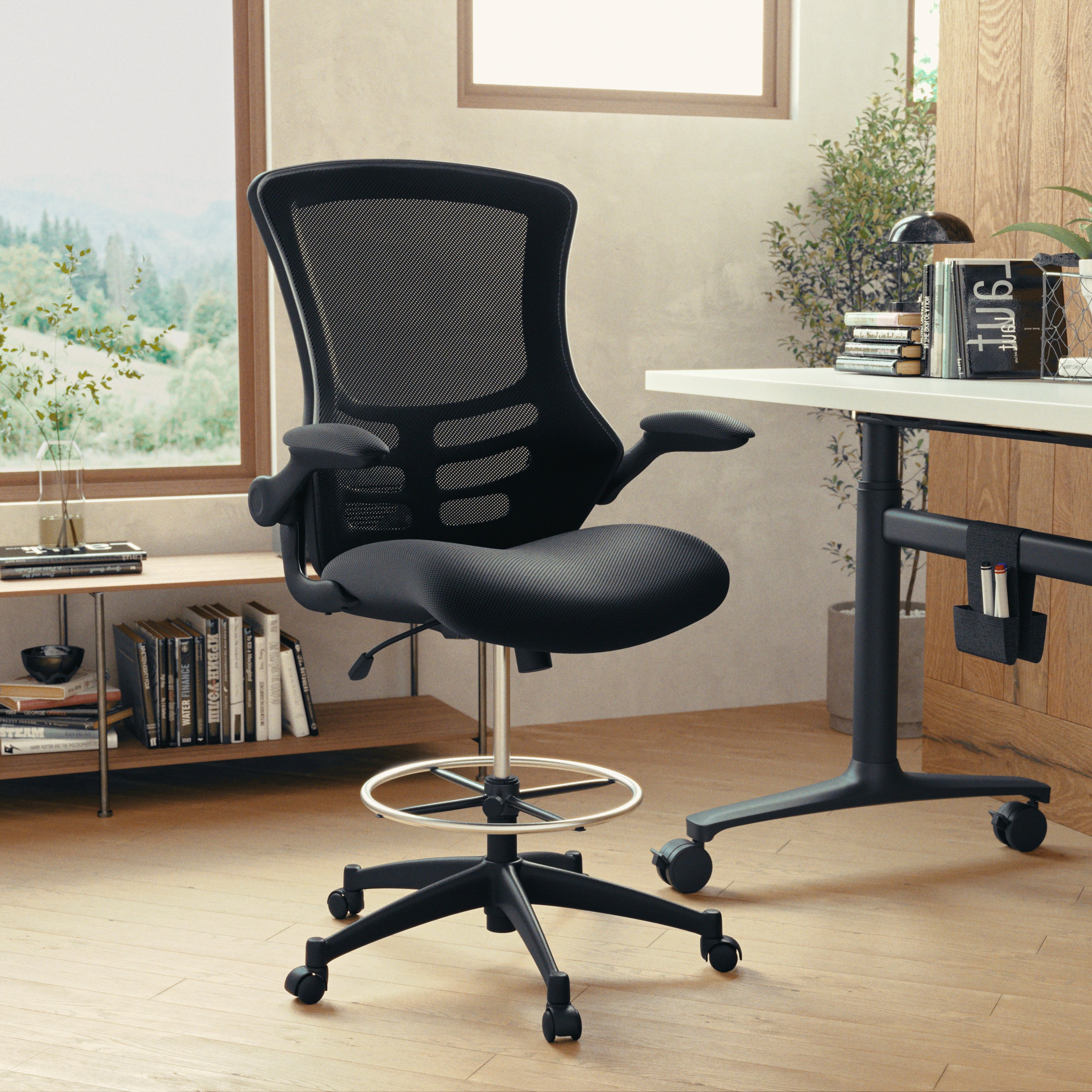 Kelista Mid-Back Black Mesh Ergonomic Drafting Chair with Adjustable Foot Ring and Flip-Up Arms