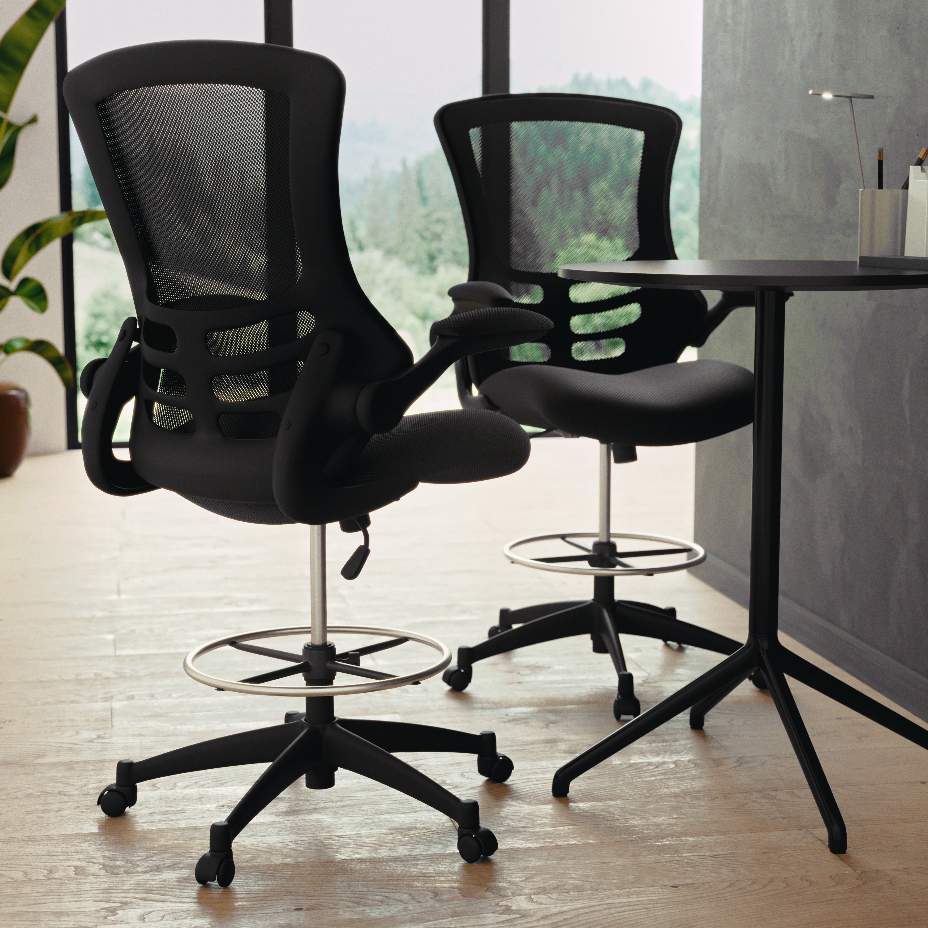 Kelista Mid-Back Black Mesh Ergonomic Drafting Chair with Adjustable Foot Ring and Flip-Up Arms