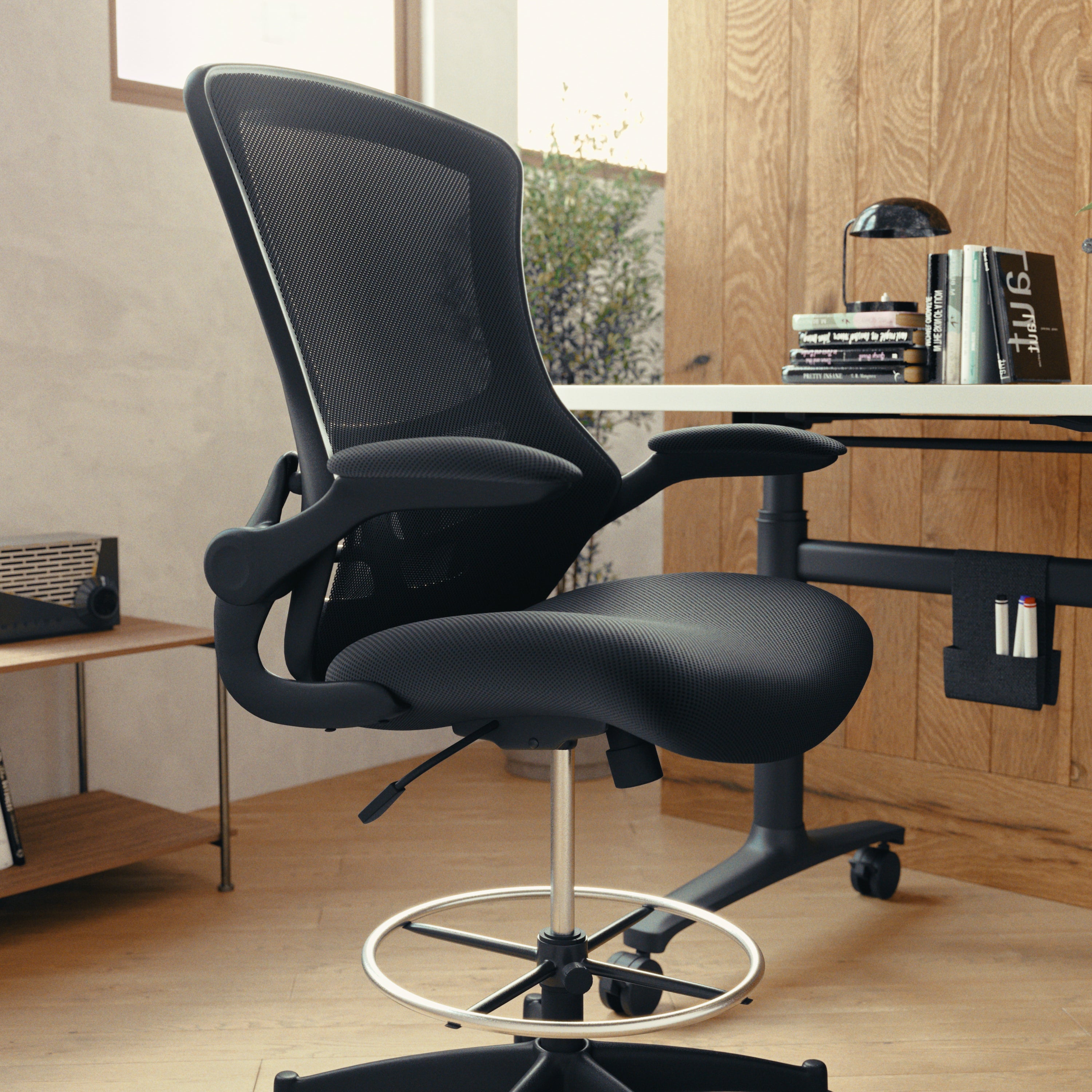 Kelista Mid-Back Black Mesh Ergonomic Drafting Chair with Adjustable Foot Ring and Flip-Up Arms