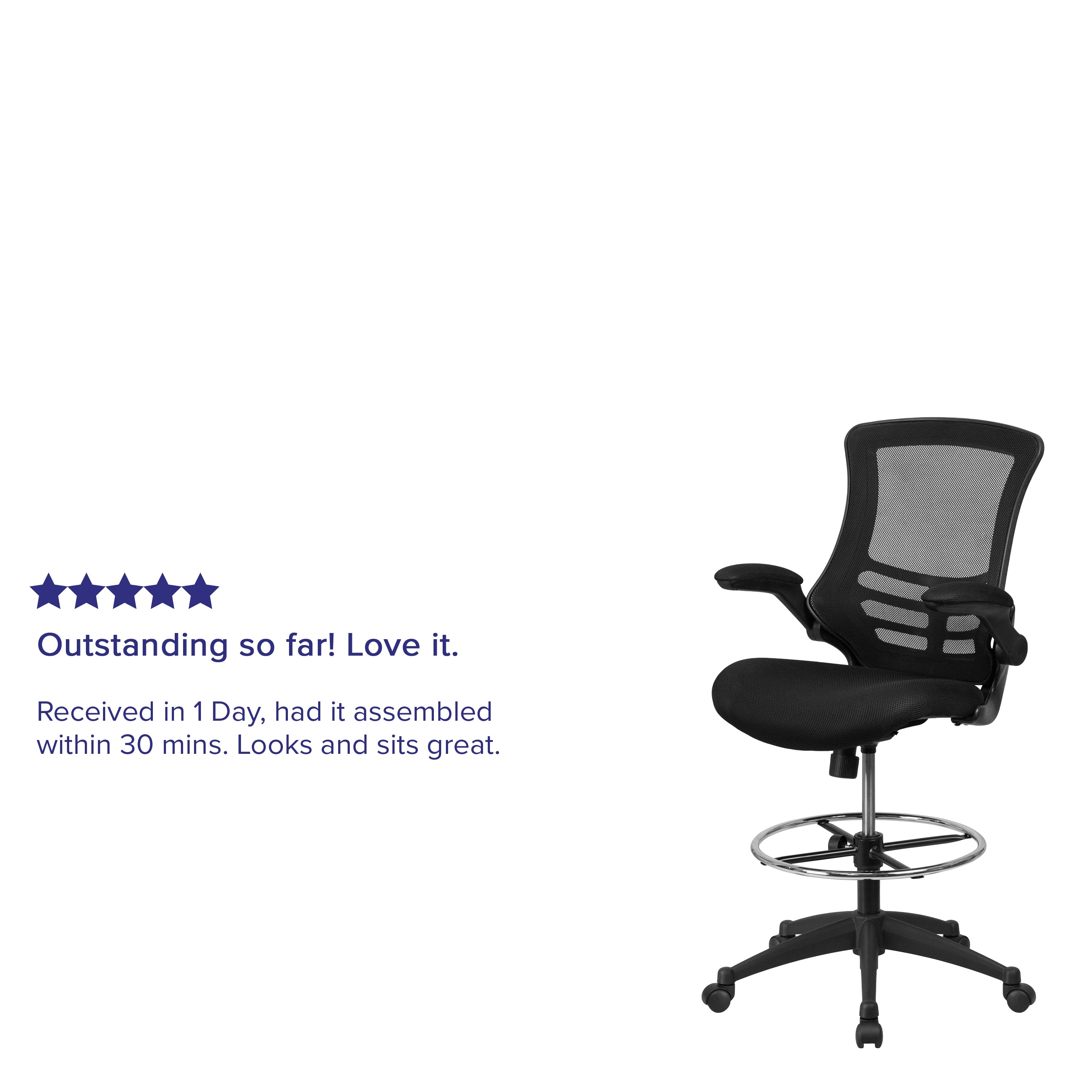 Kelista Mid-Back Black Mesh Ergonomic Drafting Chair with Adjustable Foot Ring and Flip-Up Arms