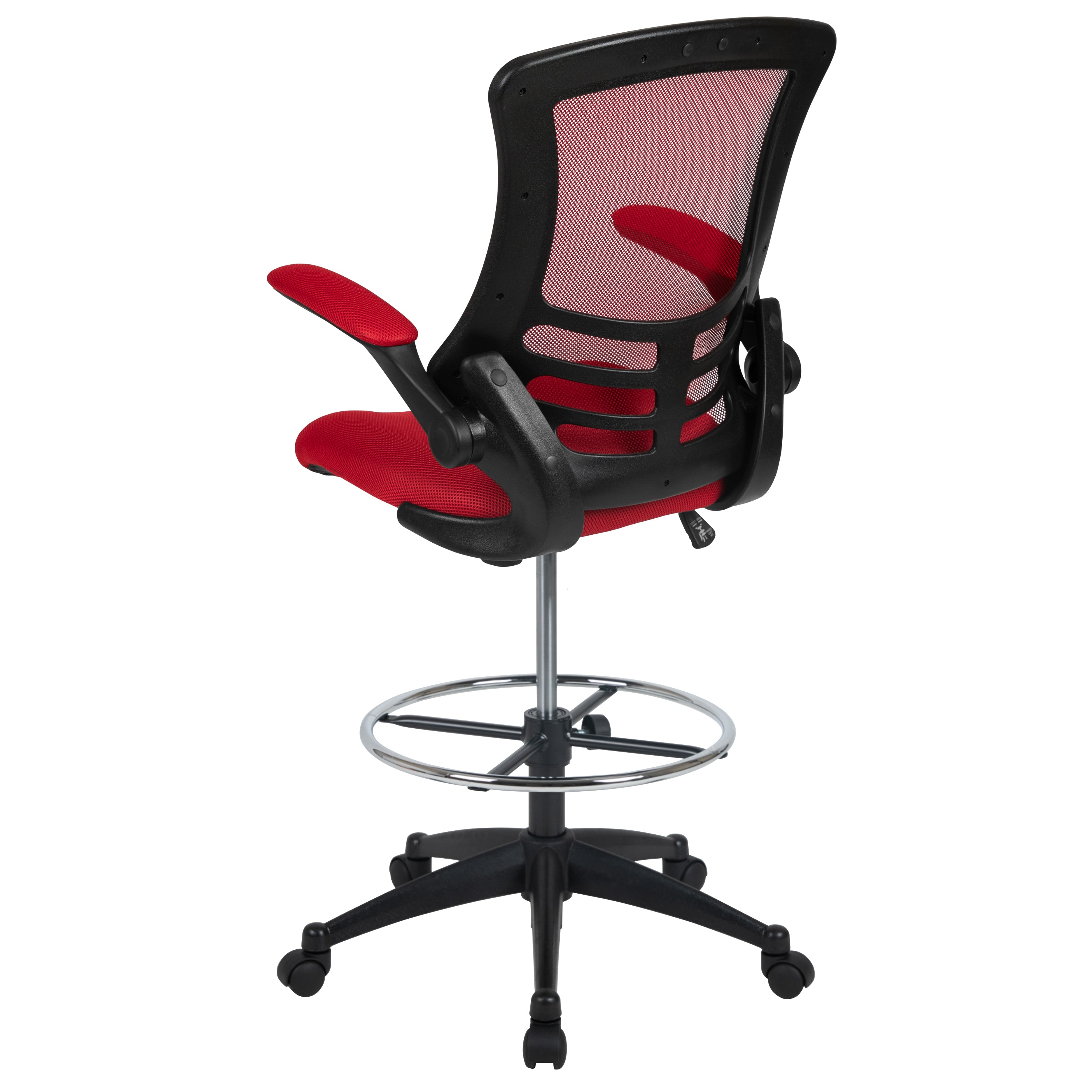 Kelista Mid-Back Red Mesh Ergonomic Drafting Chair with Adjustable Foot Ring and Flip-Up Arms