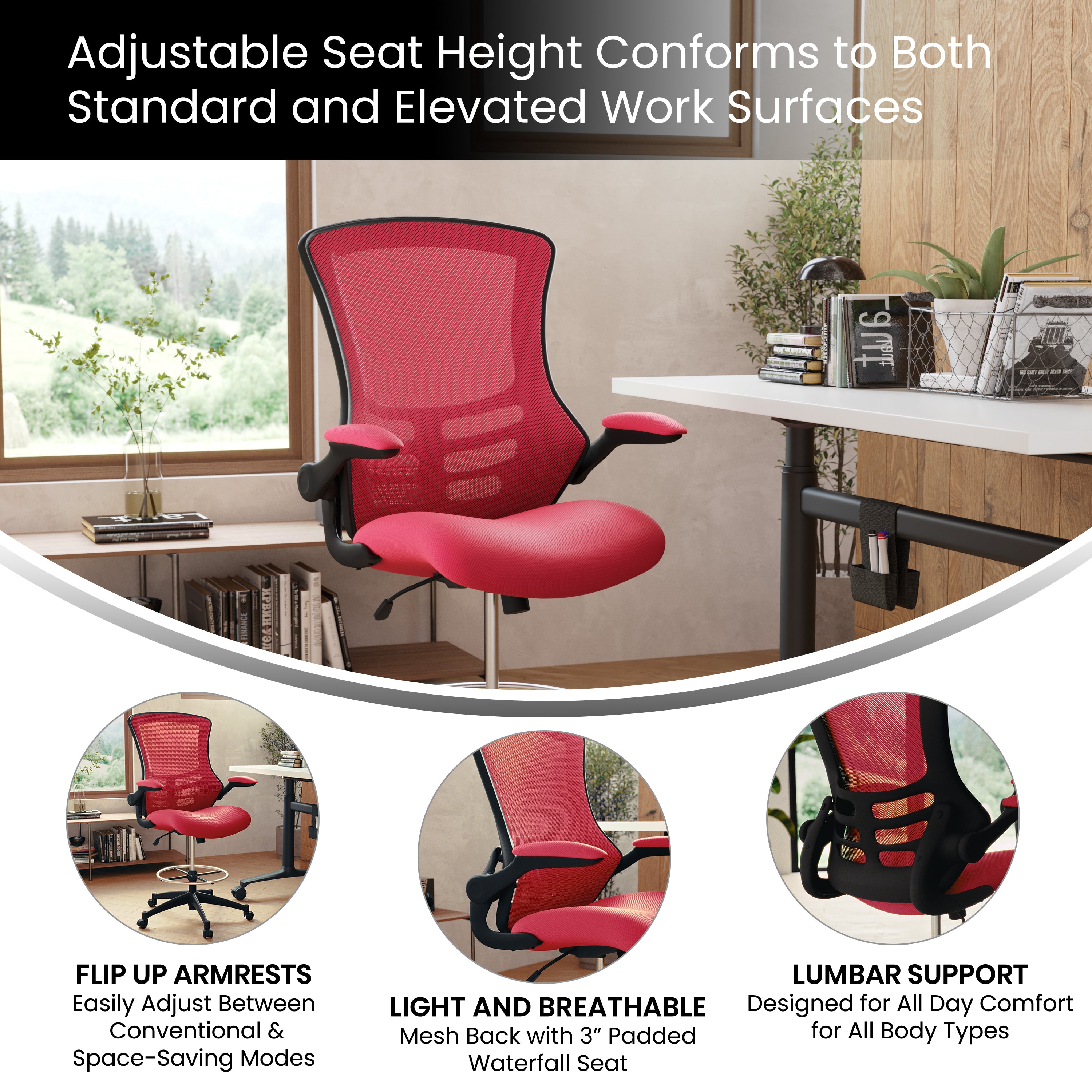 Kelista Mid-Back Red Mesh Ergonomic Drafting Chair with Adjustable Foot Ring and Flip-Up Arms
