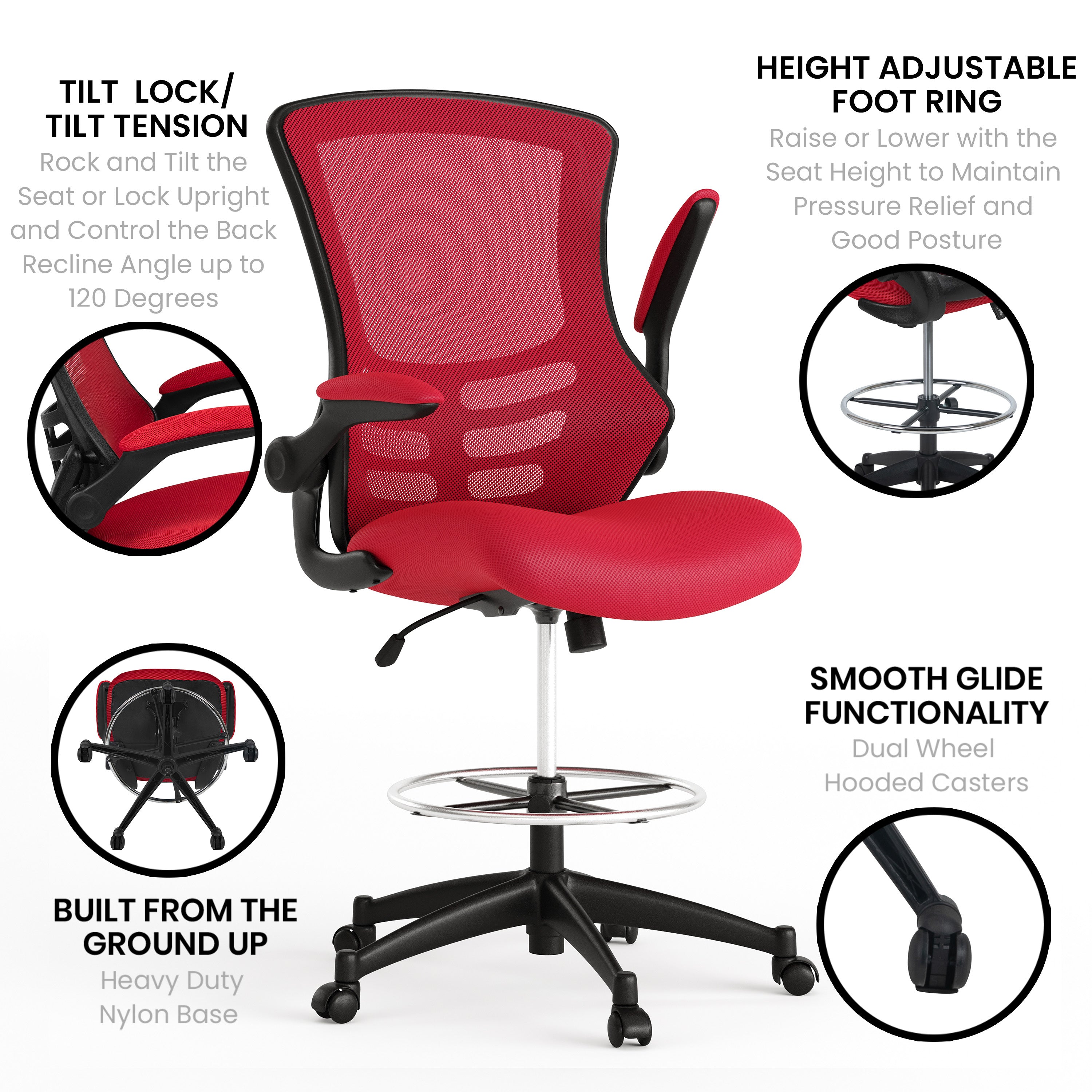 Kelista Mid-Back Red Mesh Ergonomic Drafting Chair with Adjustable Foot Ring and Flip-Up Arms