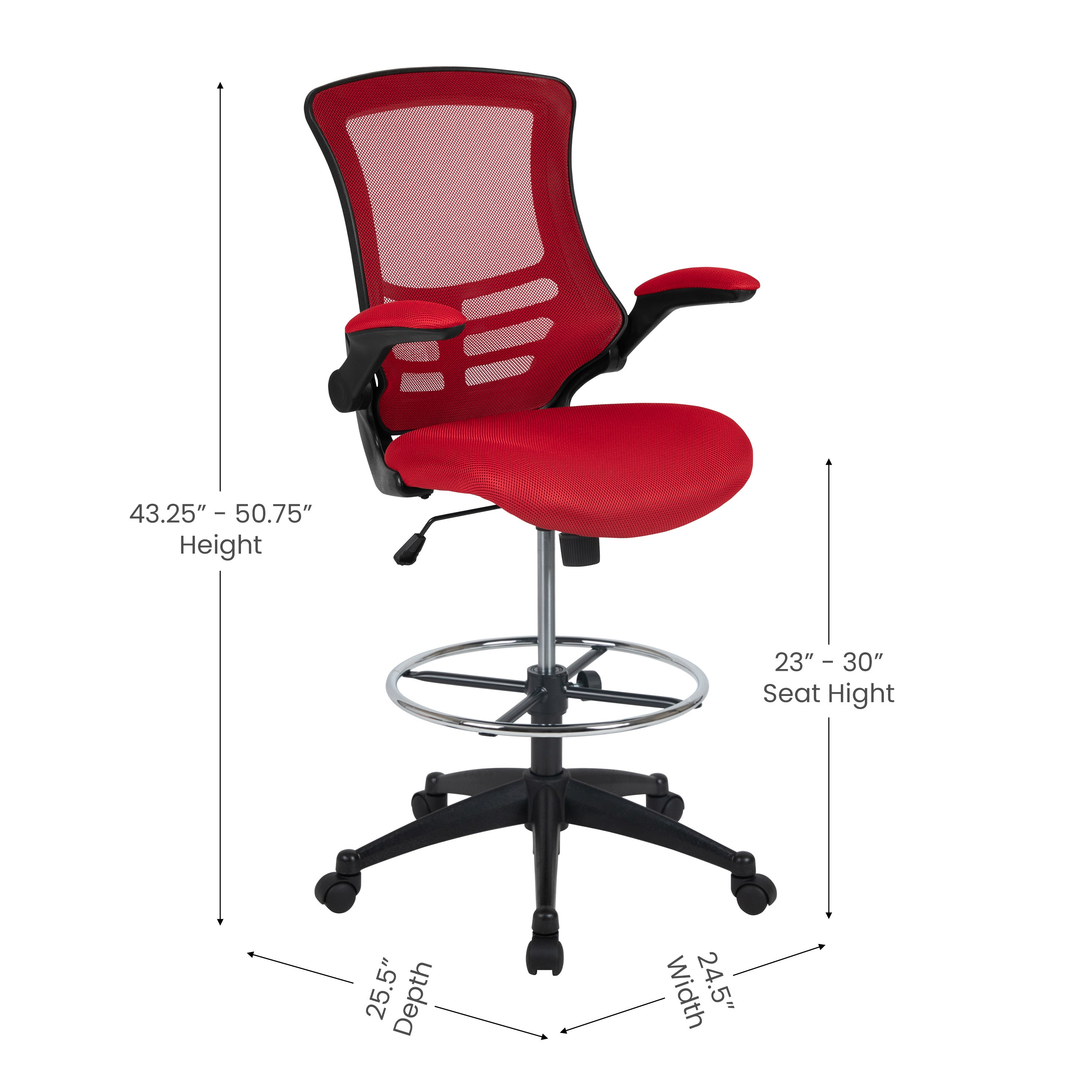 Kelista Mid-Back Red Mesh Ergonomic Drafting Chair with Adjustable Foot Ring and Flip-Up Arms