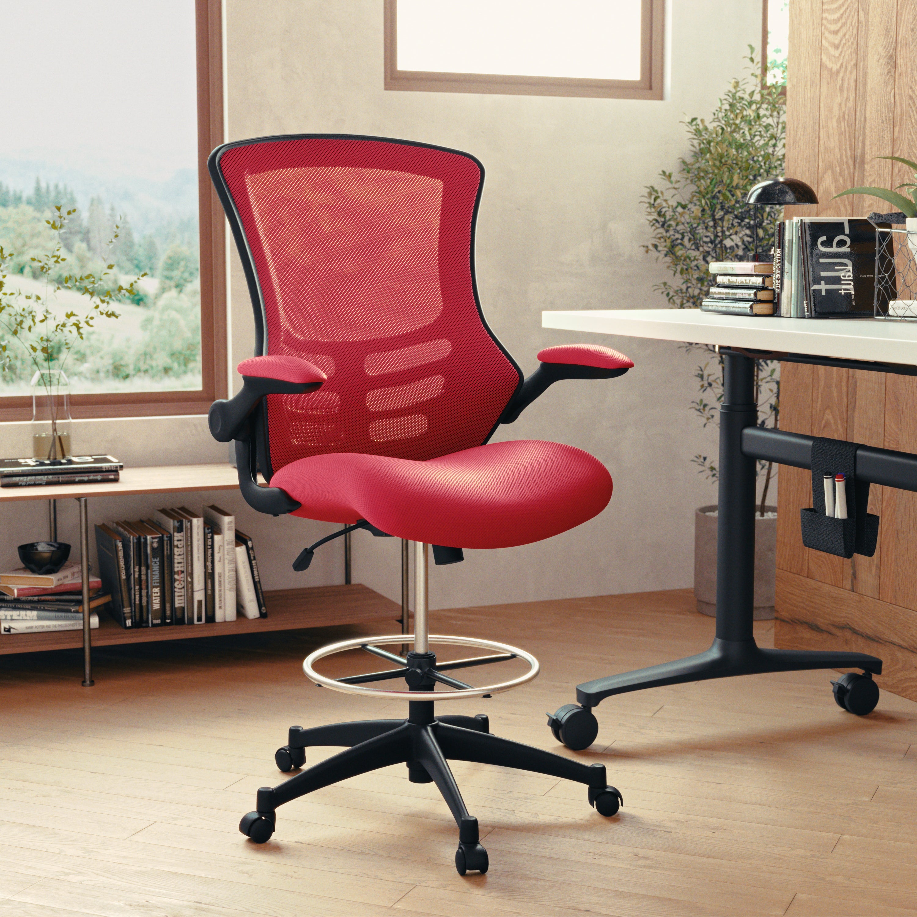 Kelista Mid-Back Red Mesh Ergonomic Drafting Chair with Adjustable Foot Ring and Flip-Up Arms