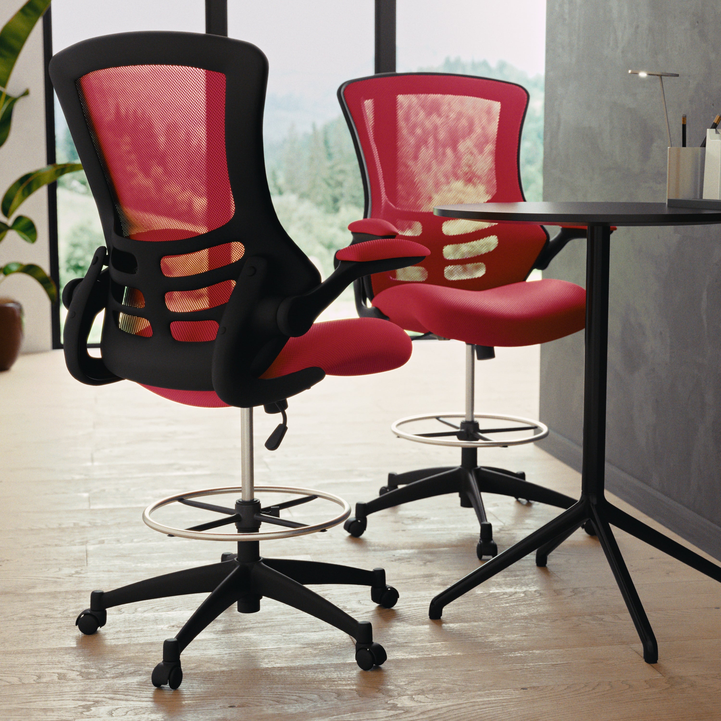 Kelista Mid-Back Red Mesh Ergonomic Drafting Chair with Adjustable Foot Ring and Flip-Up Arms