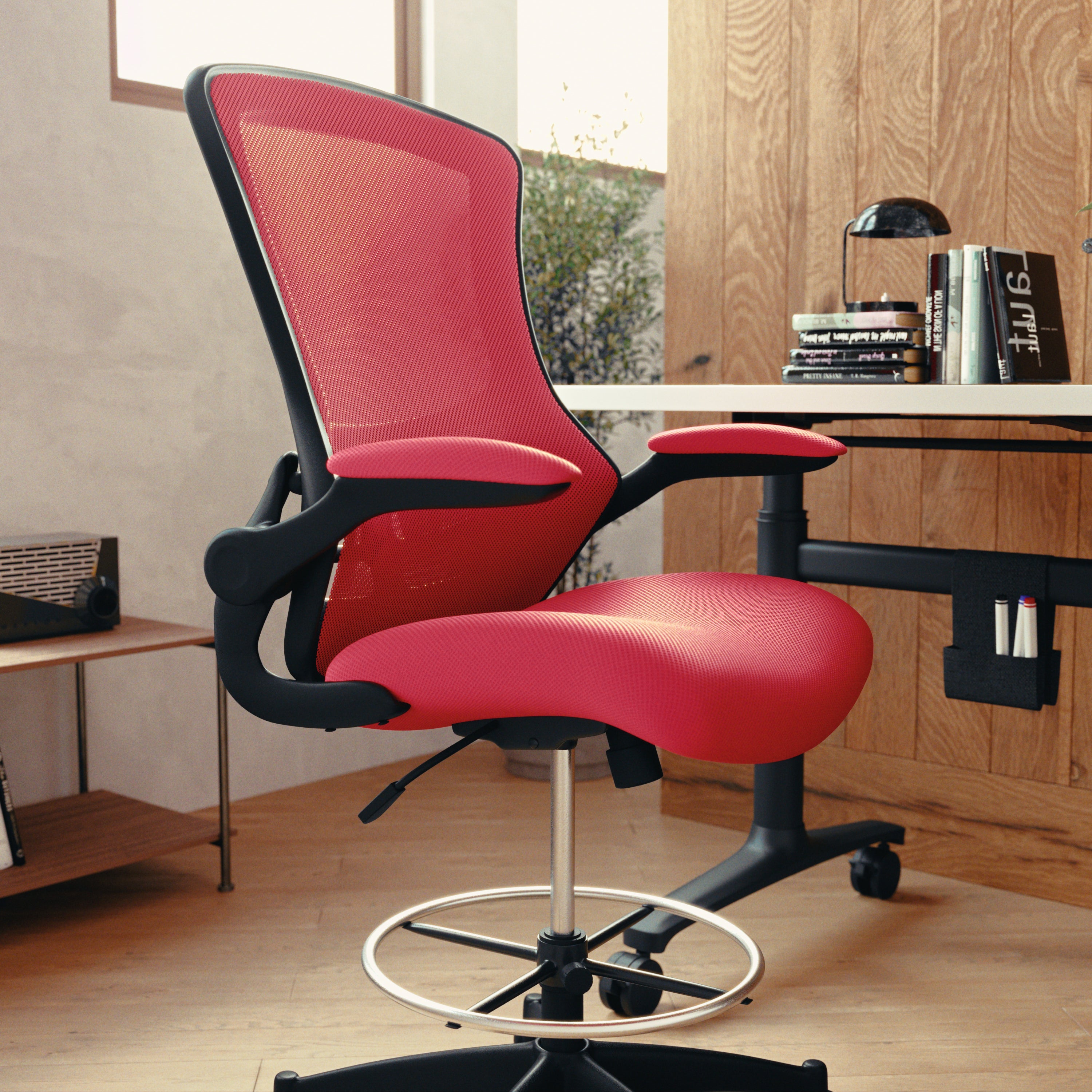 Kelista Mid-Back Red Mesh Ergonomic Drafting Chair with Adjustable Foot Ring and Flip-Up Arms