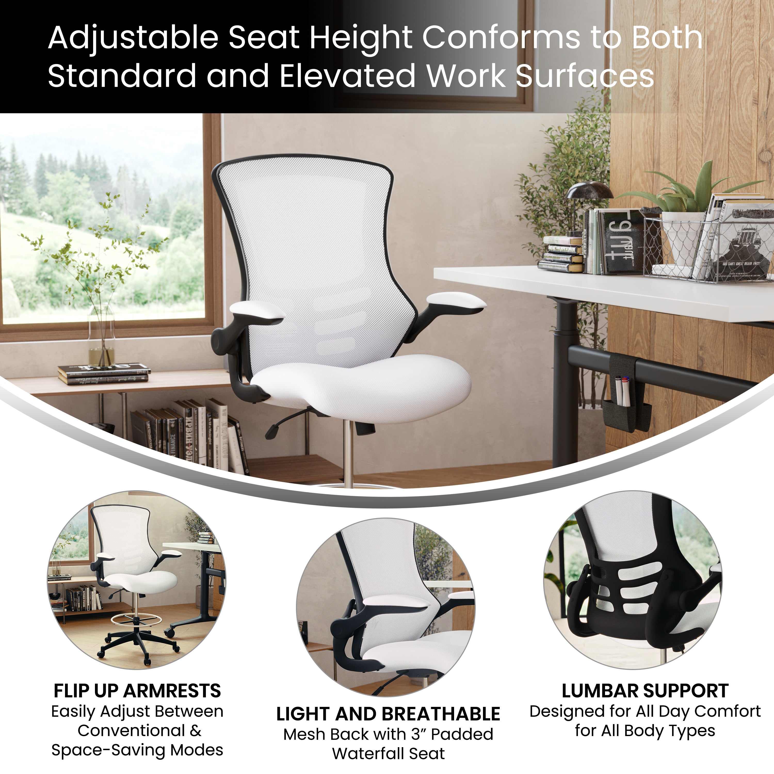 Kelista Mid-Back White Mesh Ergonomic Drafting Chair with Adjustable Foot Ring and Flip-Up Arms