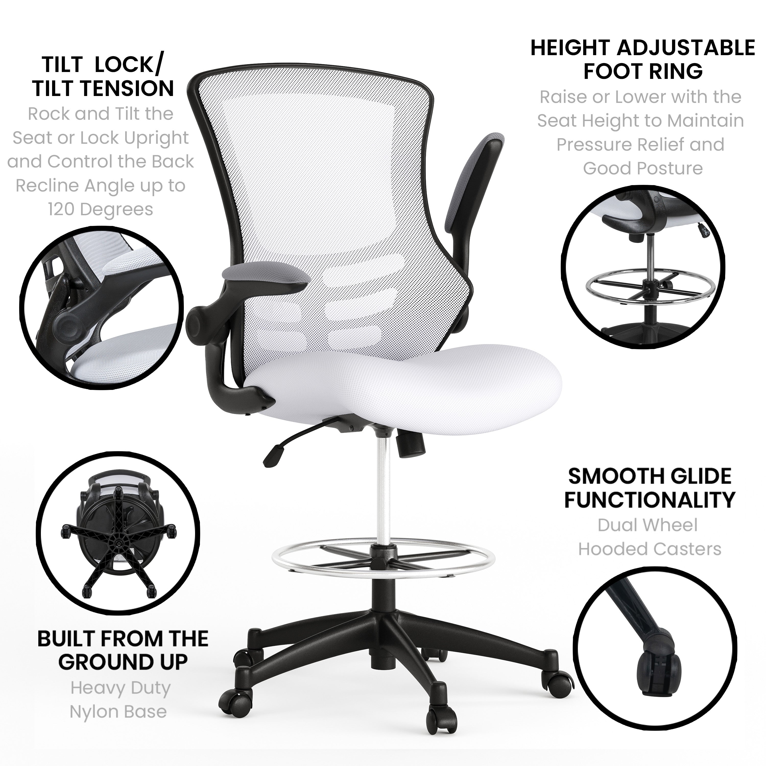 Kelista Mid-Back White Mesh Ergonomic Drafting Chair with Adjustable Foot Ring and Flip-Up Arms