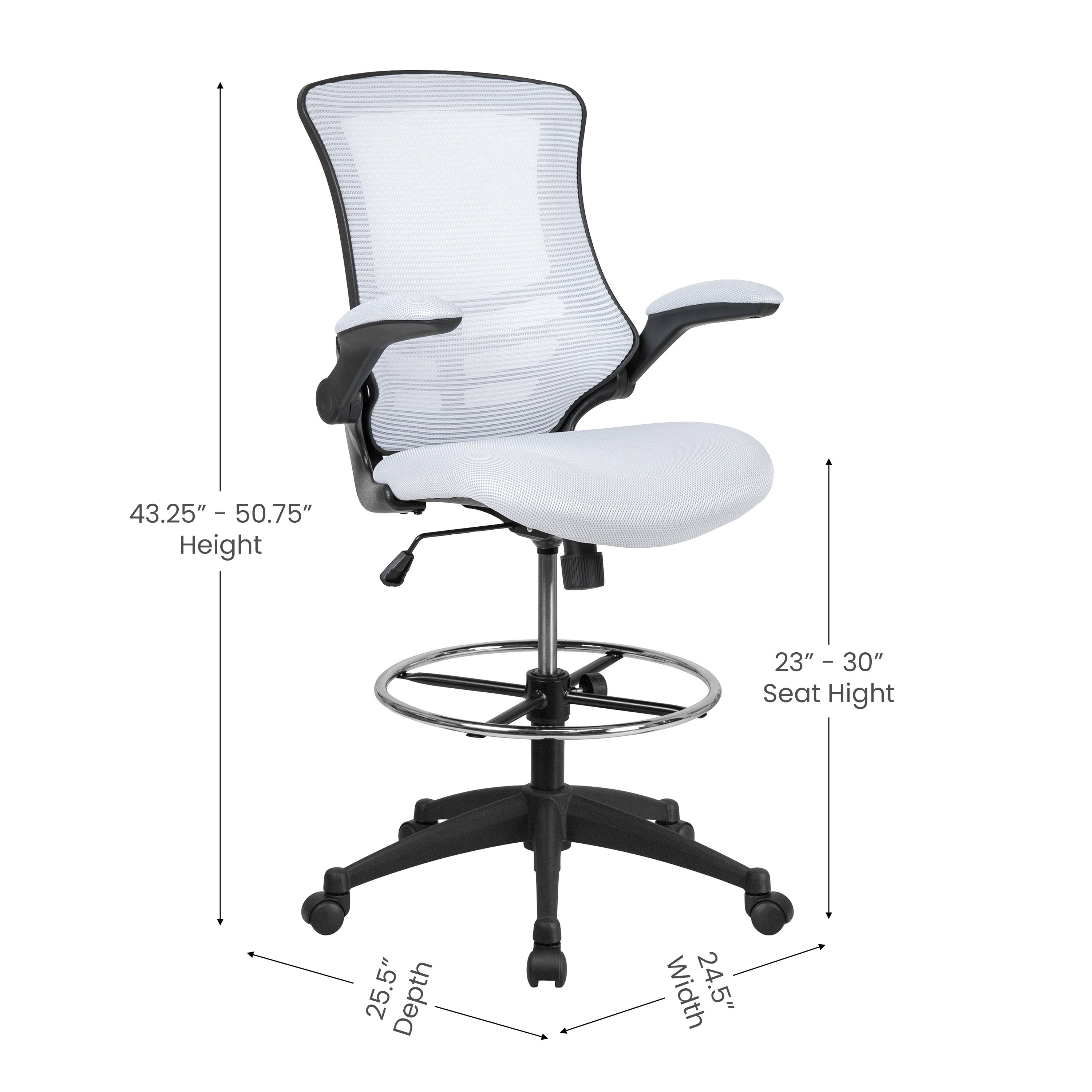 Kelista Mid-Back White Mesh Ergonomic Drafting Chair with Adjustable Foot Ring and Flip-Up Arms