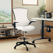 Kelista Mid-Back White Mesh Ergonomic Drafting Chair with Adjustable Foot Ring and Flip-Up Arms