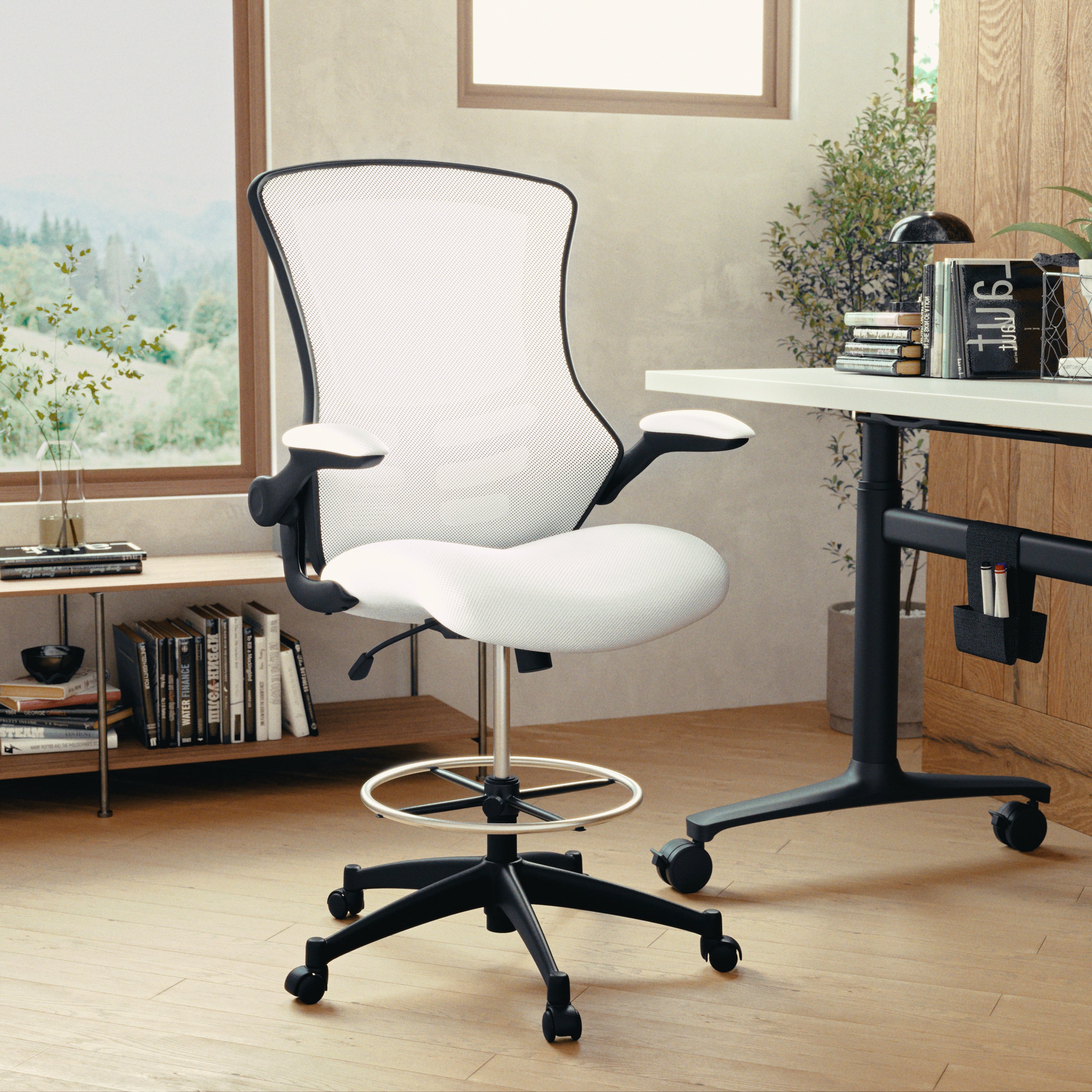 Kelista Mid-Back White Mesh Ergonomic Drafting Chair with Adjustable Foot Ring and Flip-Up Arms