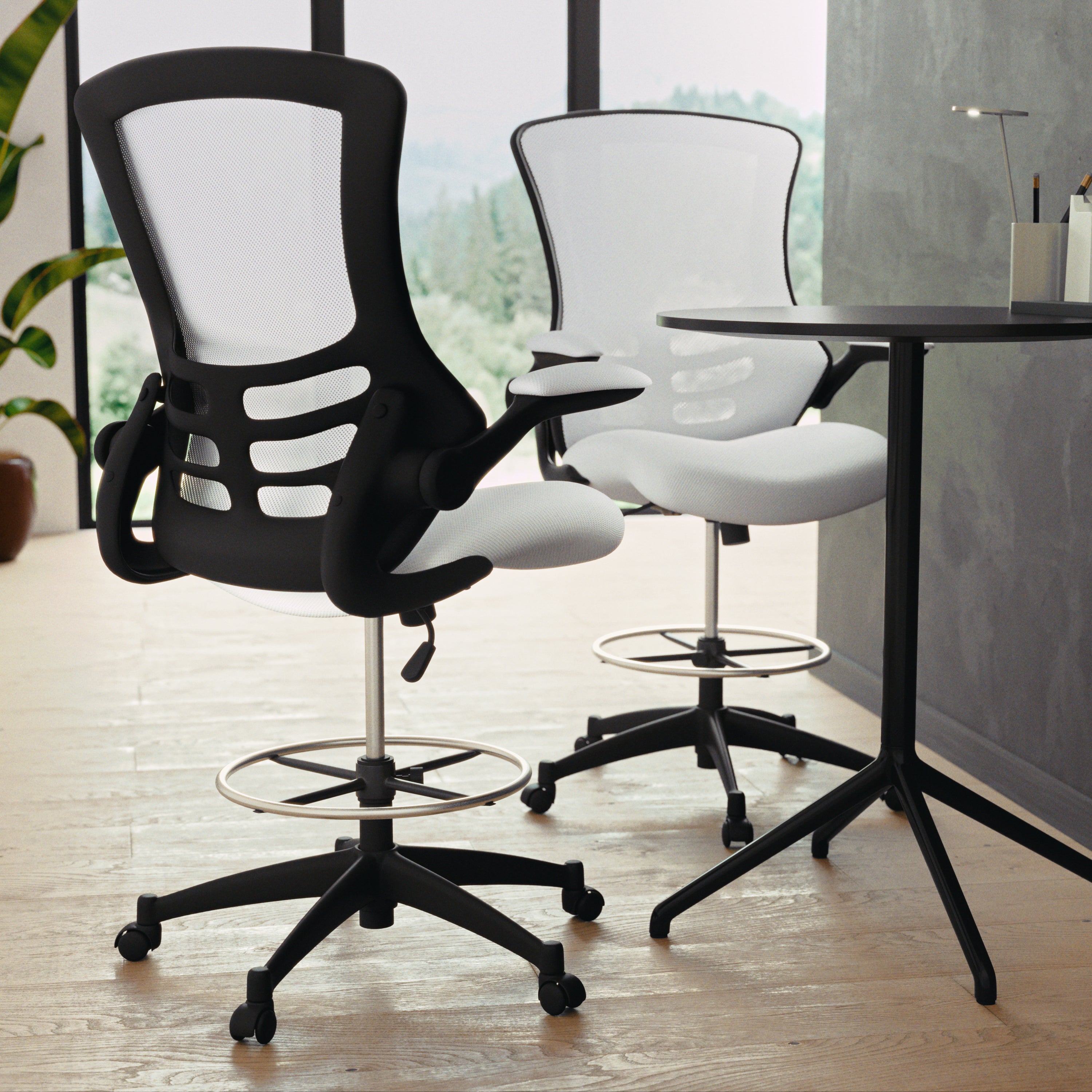 Kelista Mid-Back White Mesh Ergonomic Drafting Chair with Adjustable Foot Ring and Flip-Up Arms