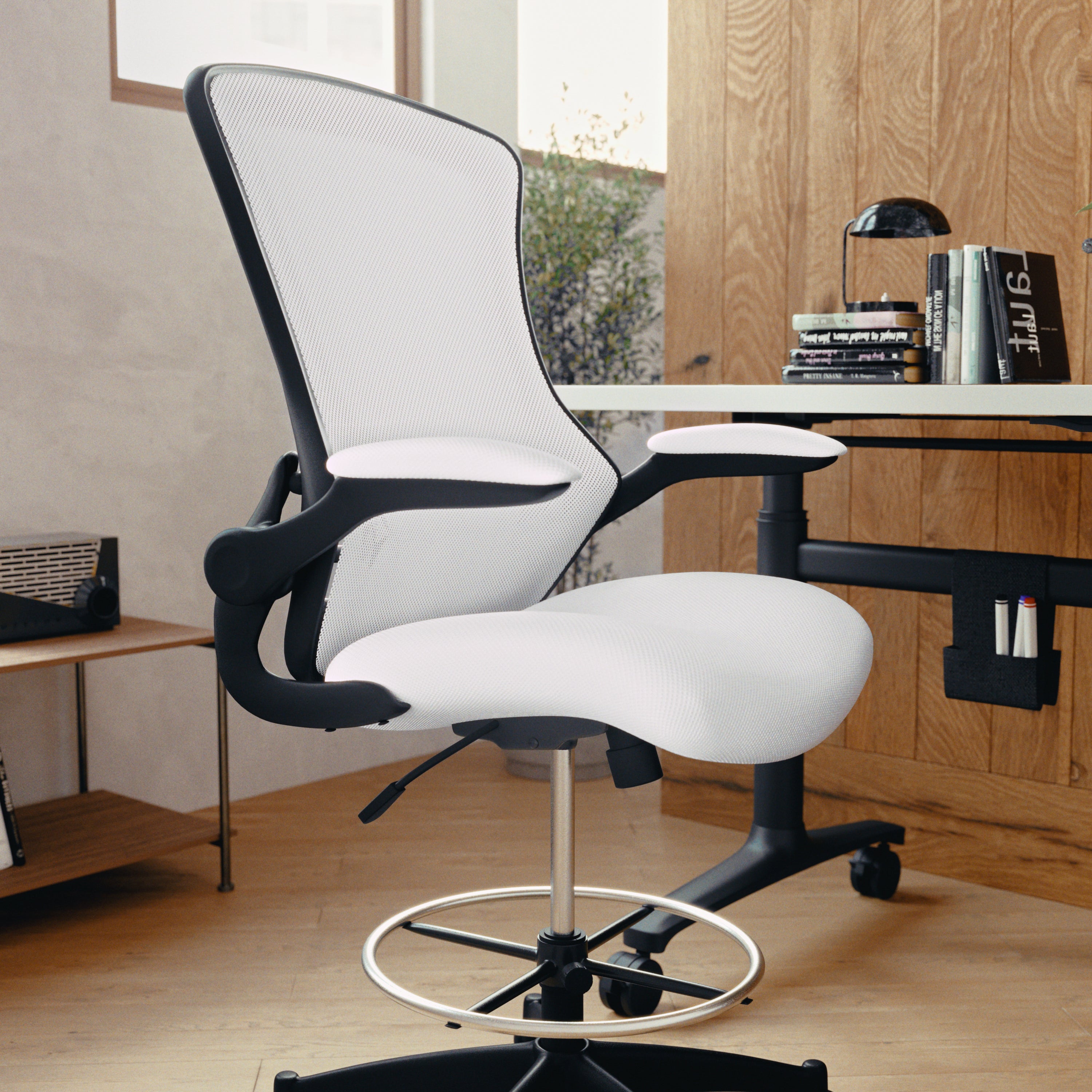 Kelista Mid-Back White Mesh Ergonomic Drafting Chair with Adjustable Foot Ring and Flip-Up Arms