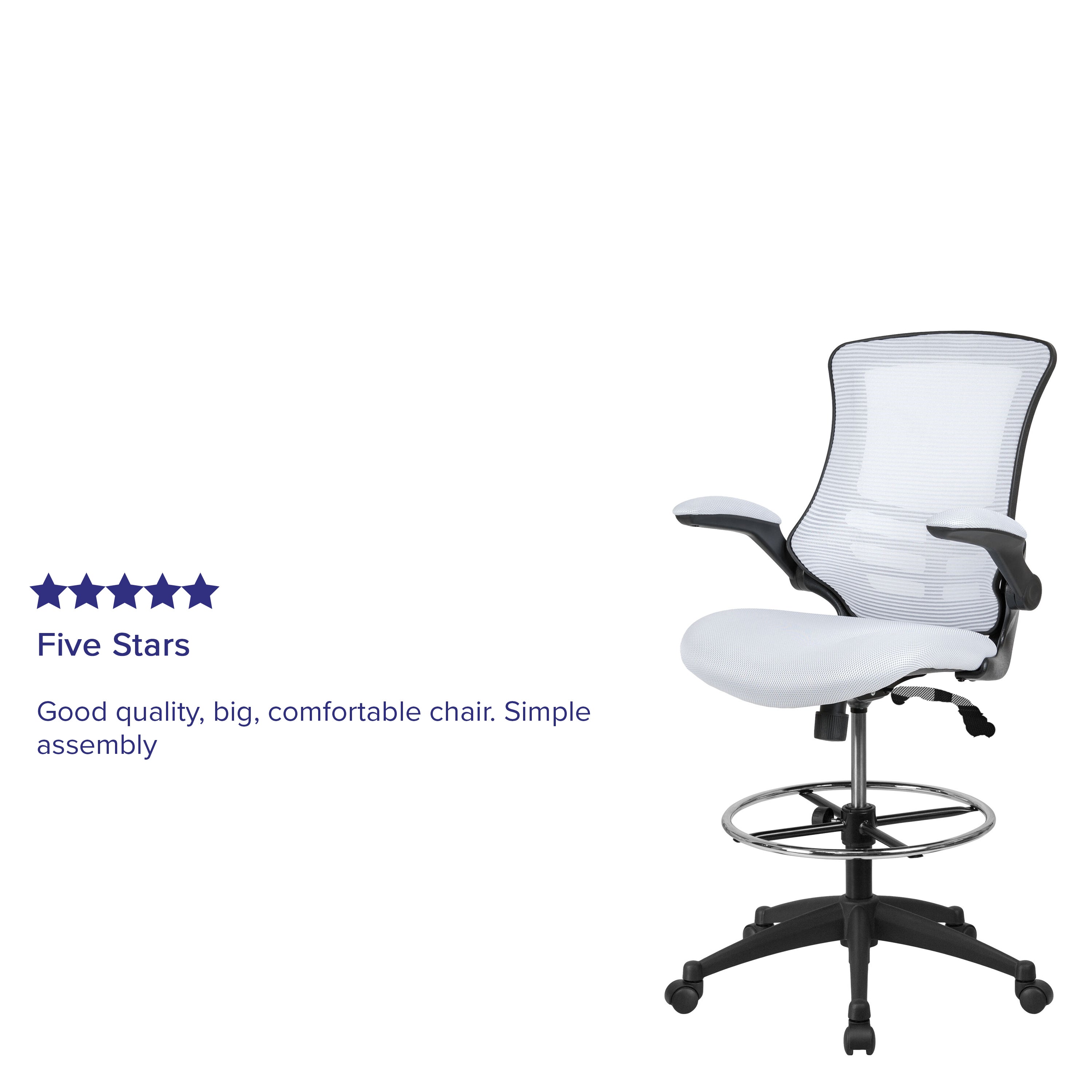 Kelista Mid-Back White Mesh Ergonomic Drafting Chair with Adjustable Foot Ring and Flip-Up Arms
