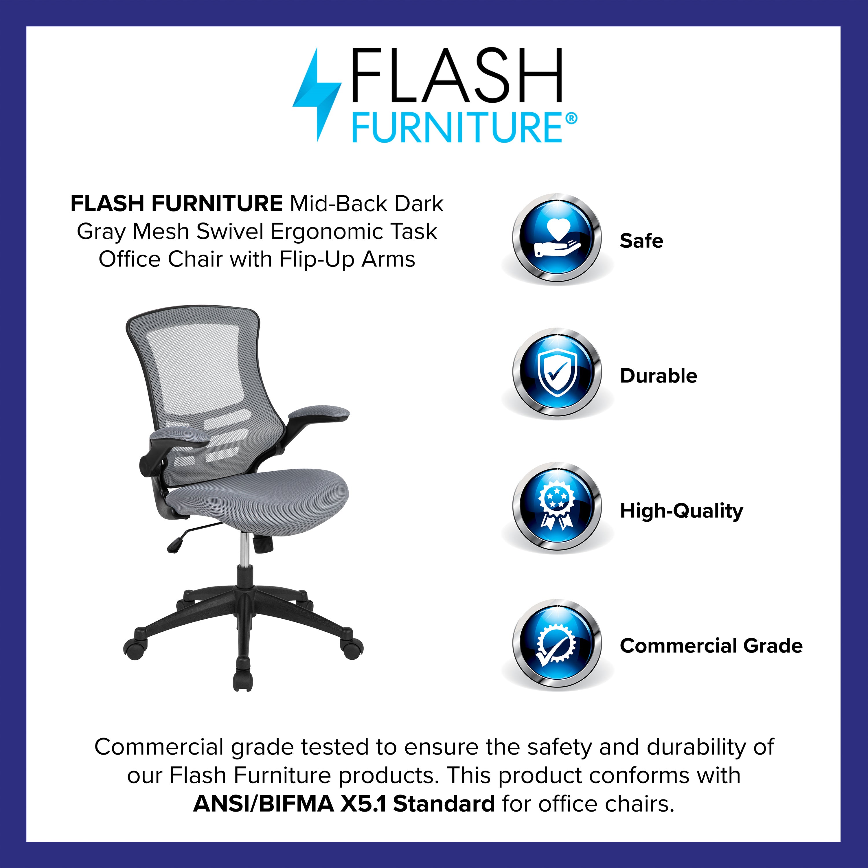 Kelista Mid-Back Dark Gray Mesh Swivel Ergonomic Task Office Chair with Flip-Up Arms