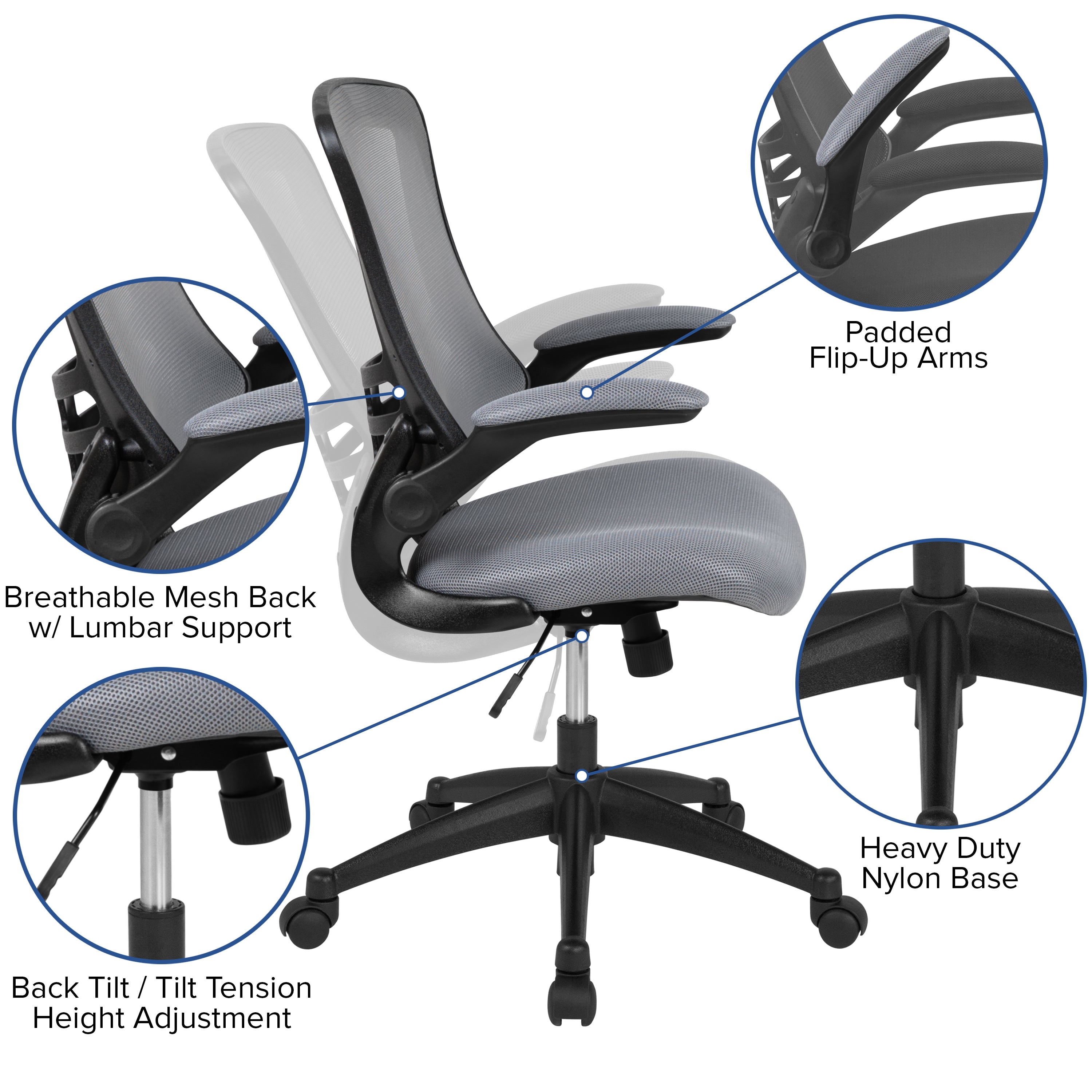 Kelista Mid-Back Dark Gray Mesh Swivel Ergonomic Task Office Chair with Flip-Up Arms