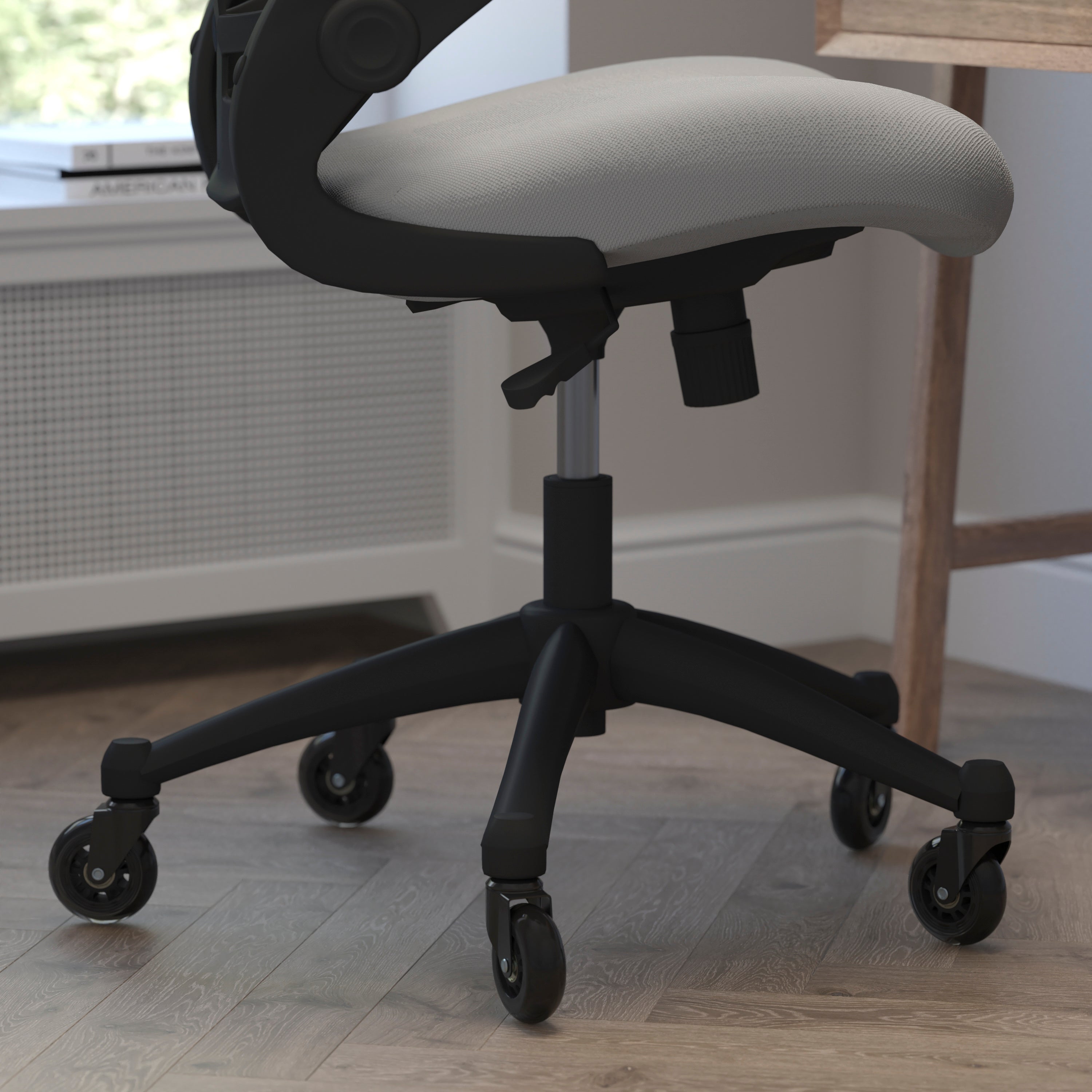 Kelista Mid-Back Dark Gray Mesh Swivel Ergonomic Task Office Chair with Flip-Up Arms and Transparent Roller Wheels