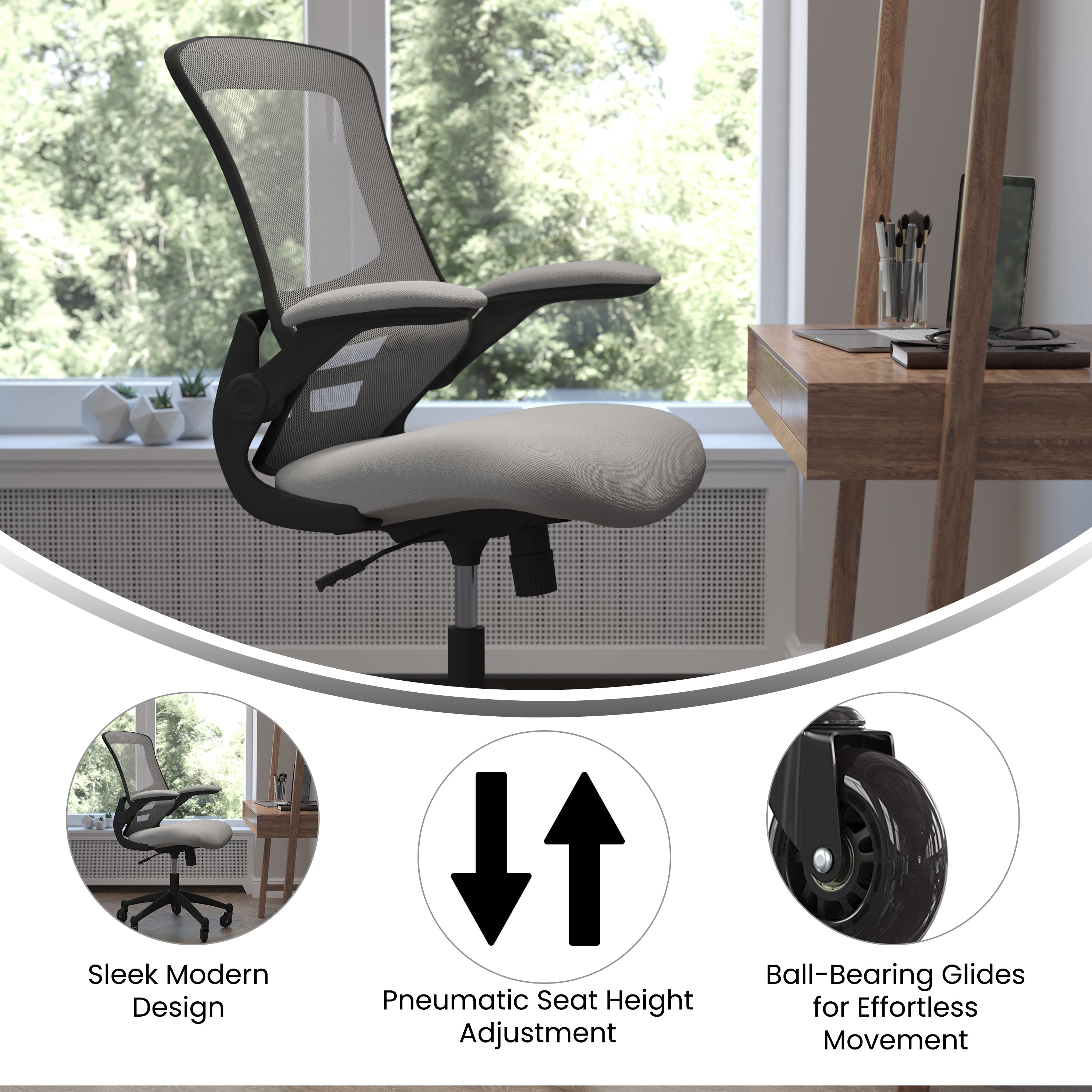 Kelista Mid-Back Dark Gray Mesh Swivel Ergonomic Task Office Chair with Flip-Up Arms and Transparent Roller Wheels