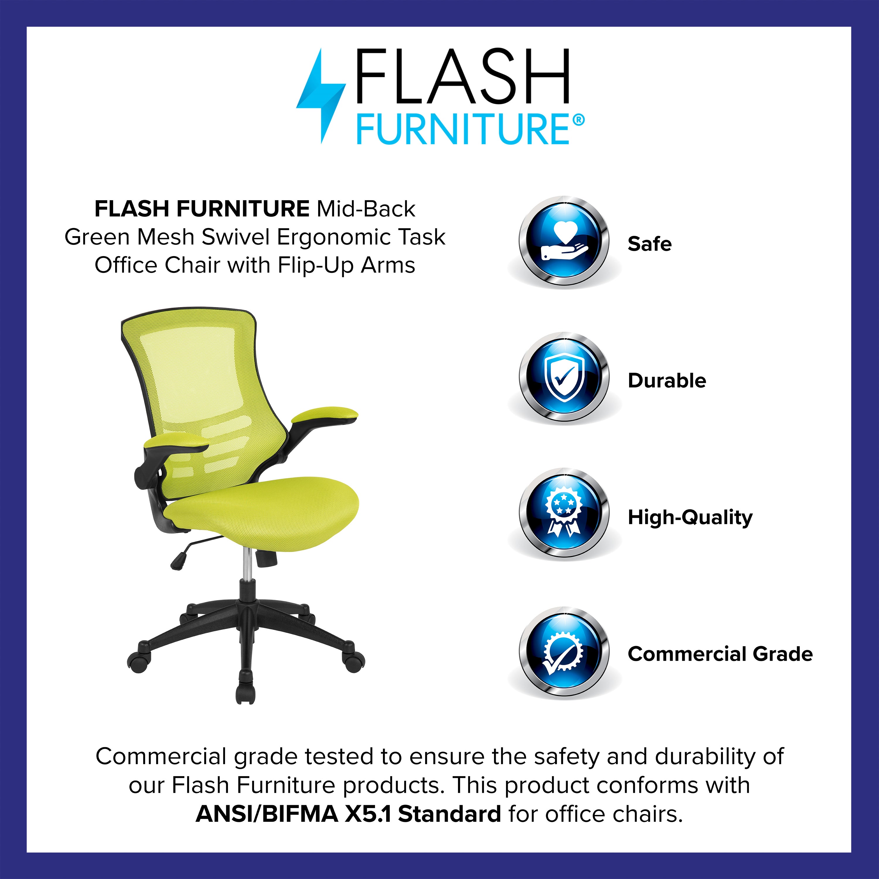Kelista Mid-Back Green Mesh Swivel Ergonomic Task Office Chair with Flip-Up Arms