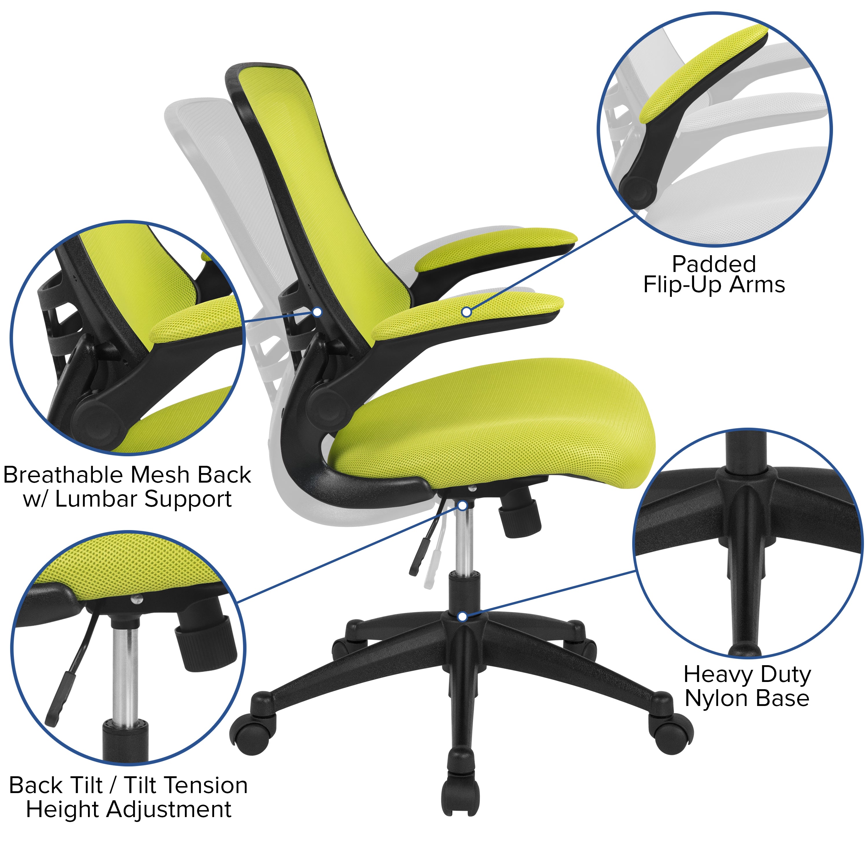 Kelista Mid-Back Green Mesh Swivel Ergonomic Task Office Chair with Flip-Up Arms