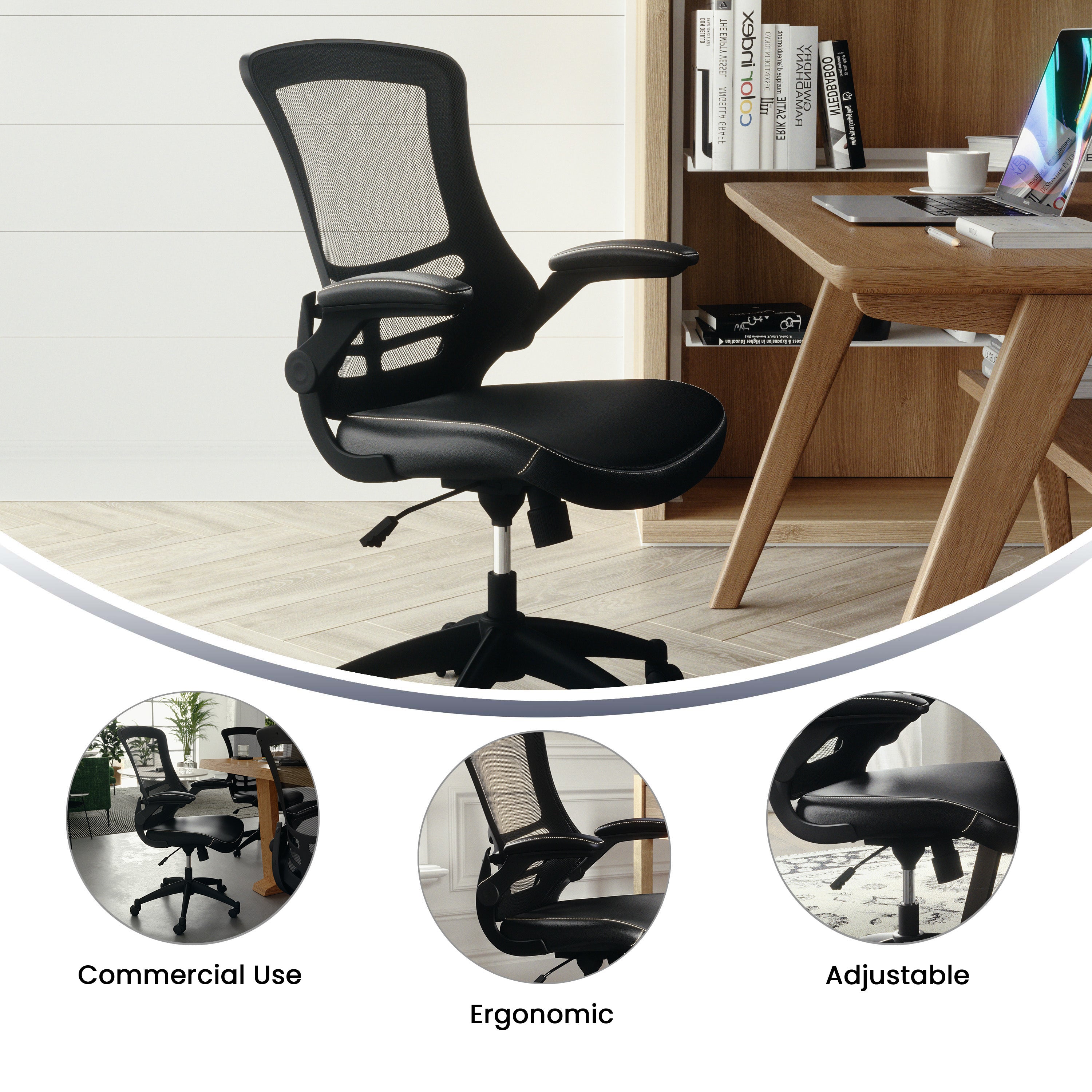 Kelista Desk Chair with Wheels | Swivel Chair with Mid-Back Black Mesh and LeatherSoft Seat for Home Office and Desk
