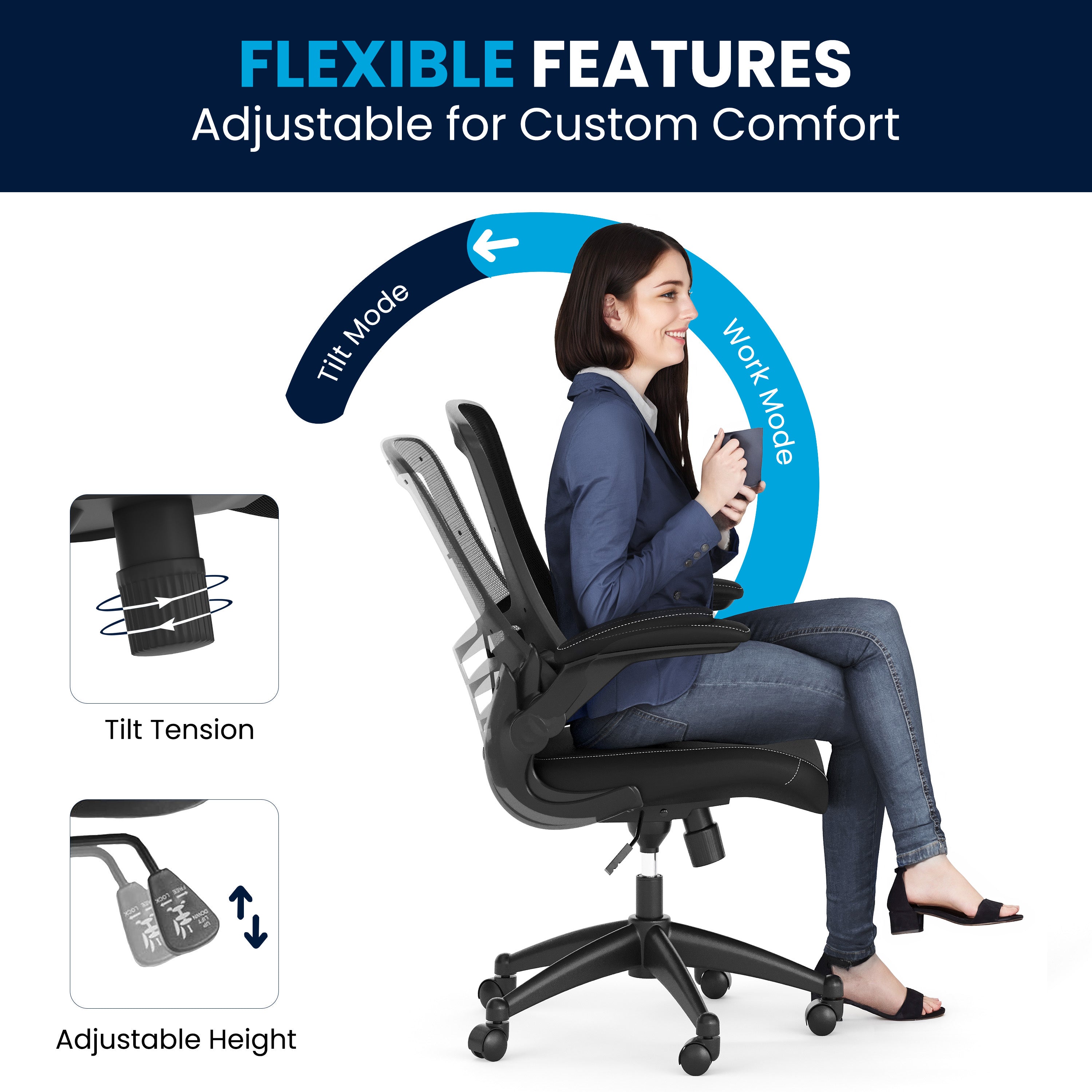 Kelista Desk Chair with Wheels | Swivel Chair with Mid-Back Black Mesh and LeatherSoft Seat for Home Office and Desk