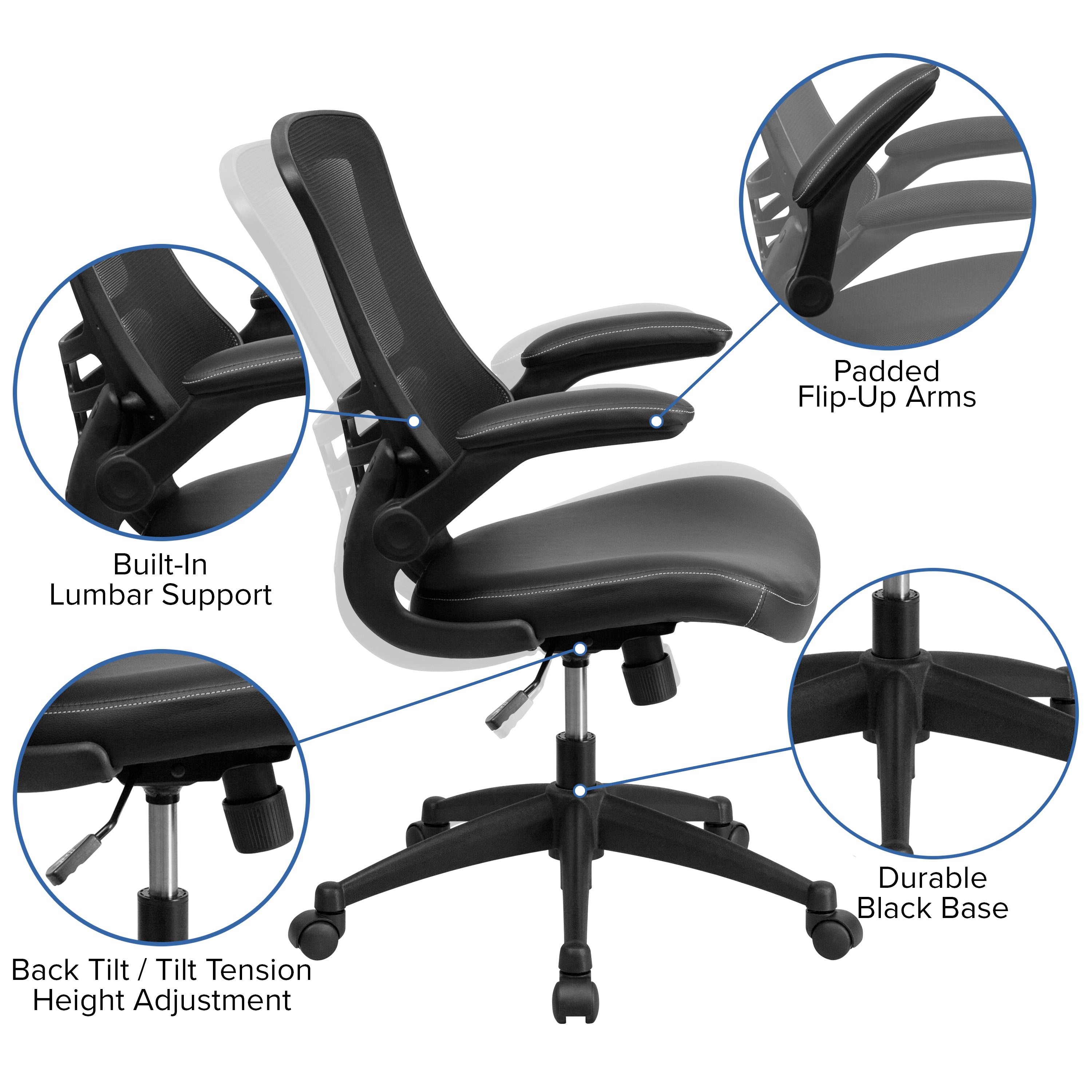Kelista Desk Chair with Wheels | Swivel Chair with Mid-Back Black Mesh and LeatherSoft Seat for Home Office and Desk