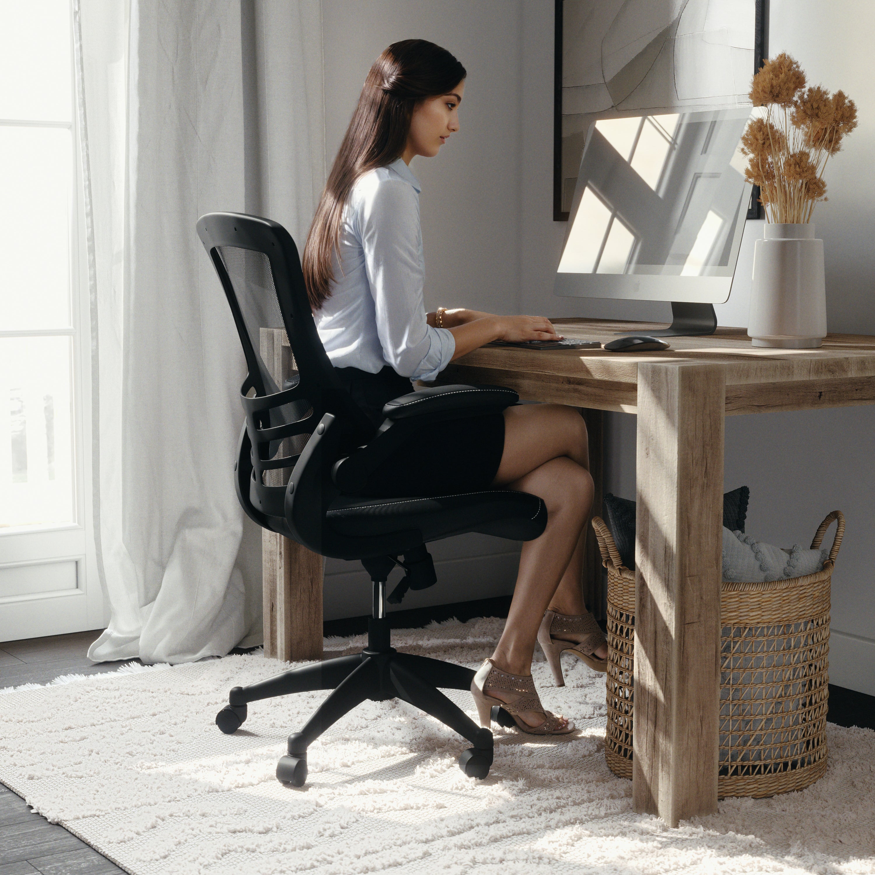 Kelista Desk Chair with Wheels | Swivel Chair with Mid-Back Black Mesh and LeatherSoft Seat for Home Office and Desk