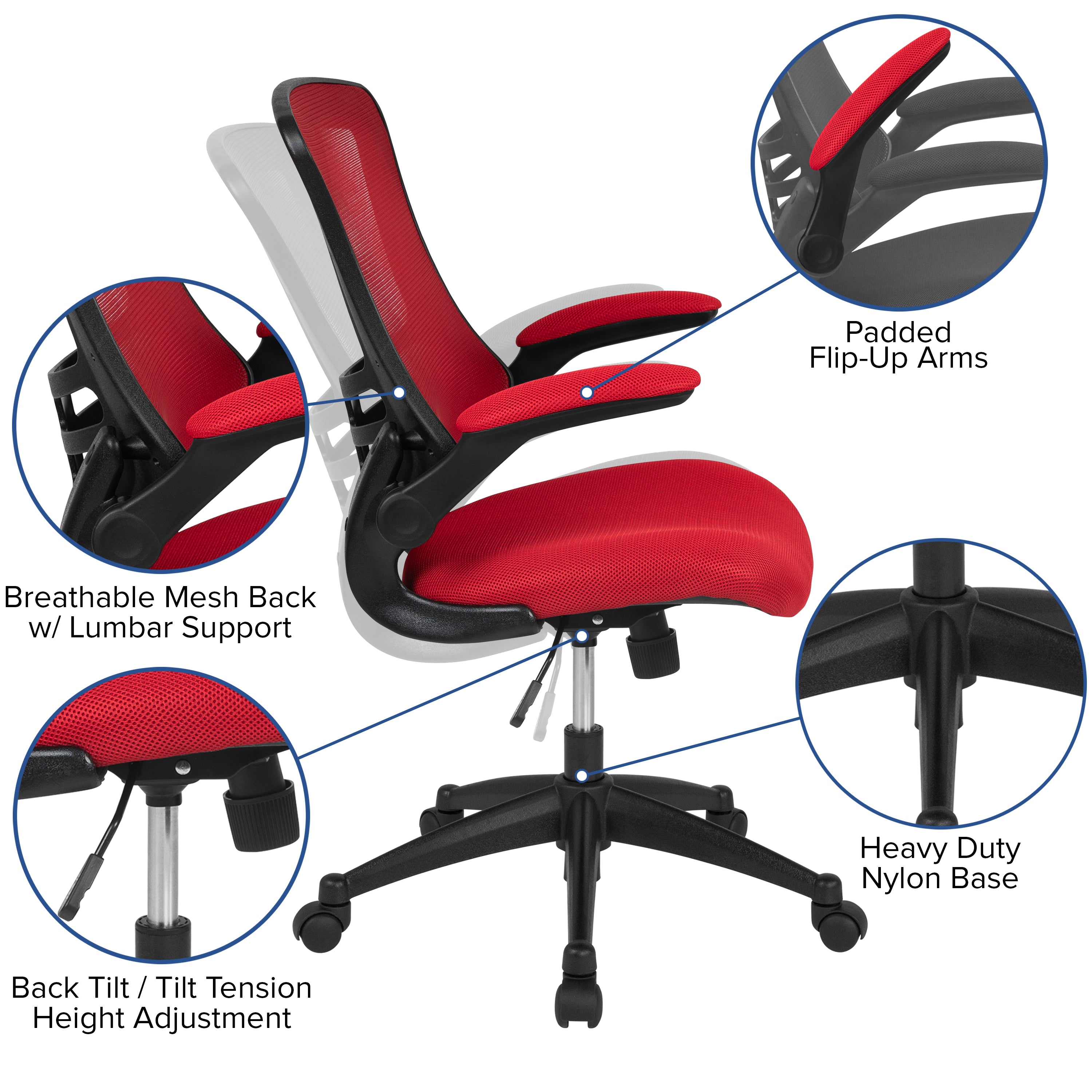 Kelista Mid-Back Red Mesh Swivel Ergonomic Task Office Chair with Flip-Up Arms