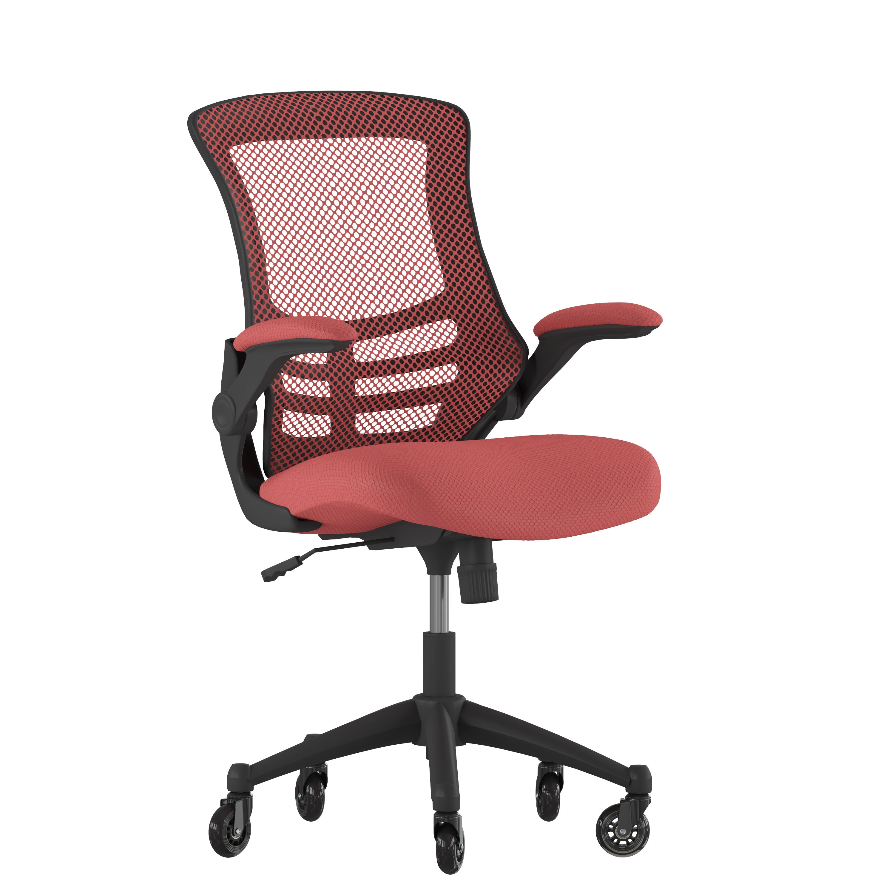 Kelista Mid-Back Red Mesh Swivel Ergonomic Task Office Chair with Flip-Up Arms and Transparent Roller Wheels