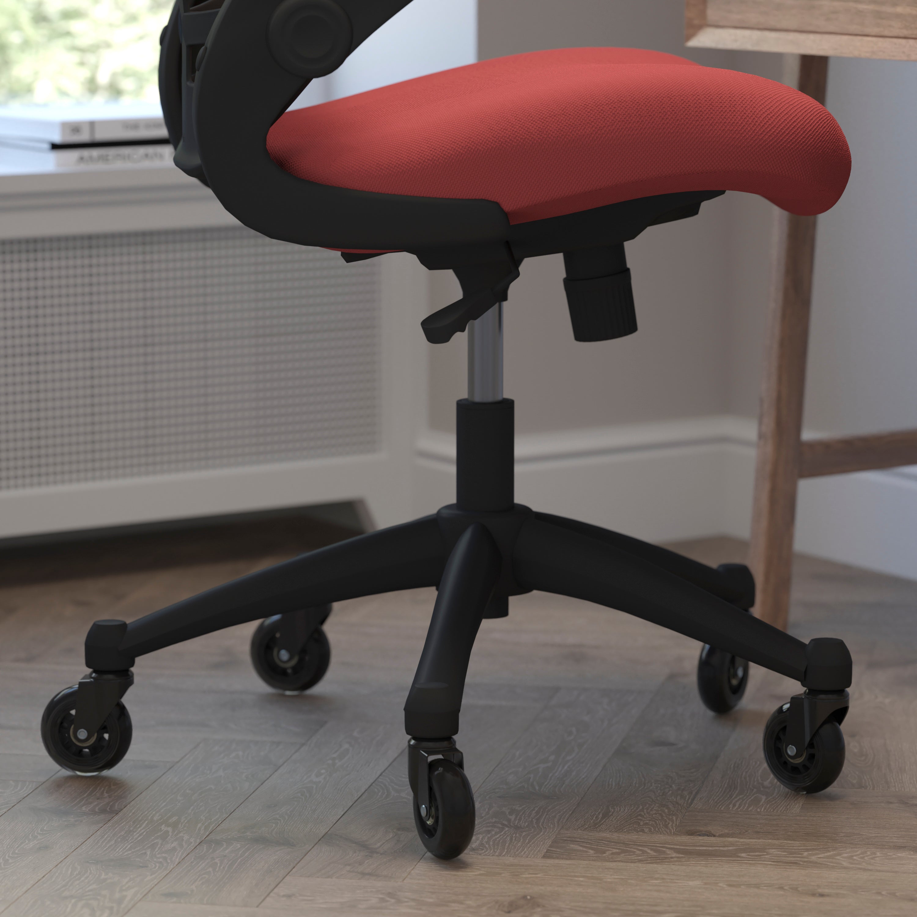 Kelista Mid-Back Red Mesh Swivel Ergonomic Task Office Chair with Flip-Up Arms and Transparent Roller Wheels