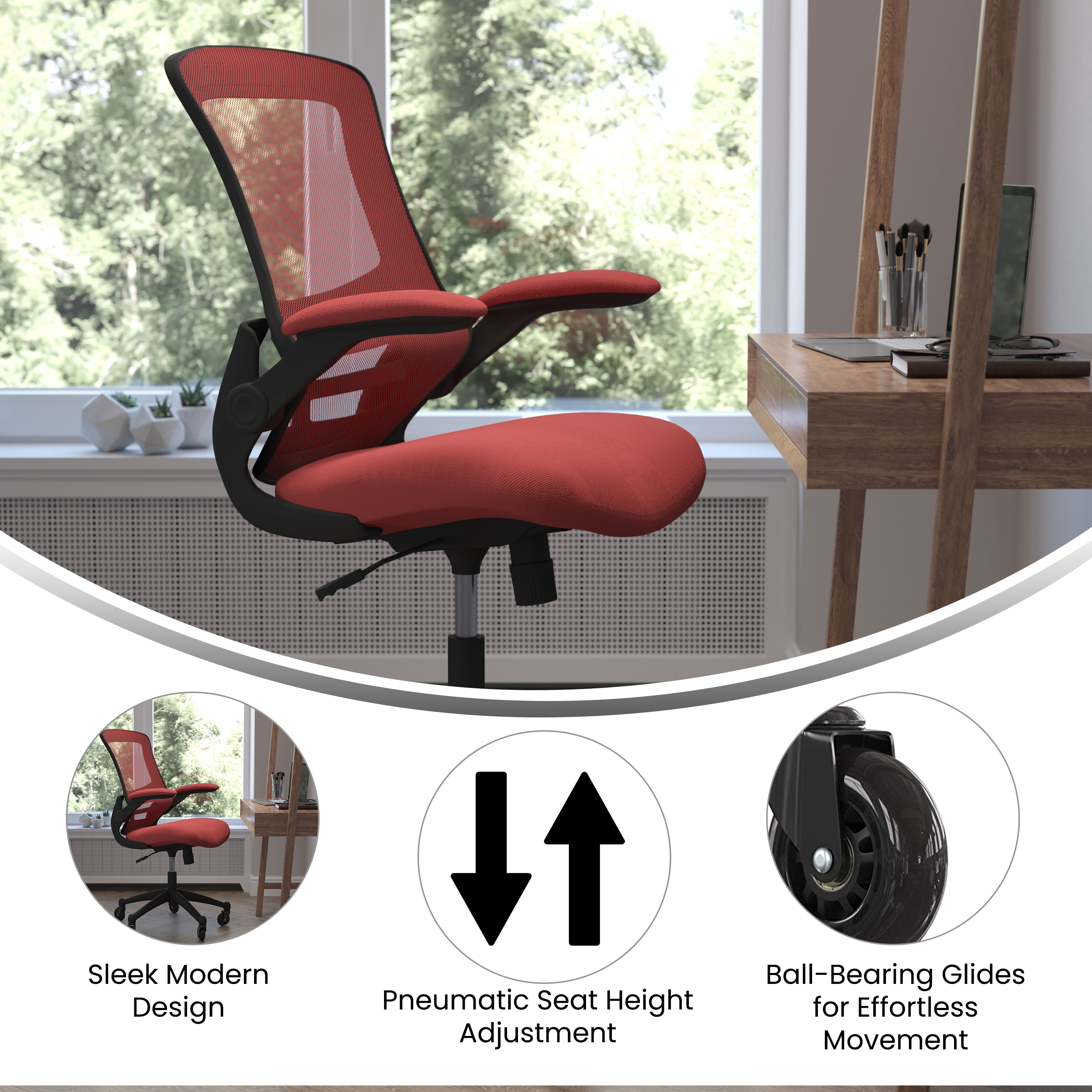 Kelista Mid-Back Red Mesh Swivel Ergonomic Task Office Chair with Flip-Up Arms and Transparent Roller Wheels