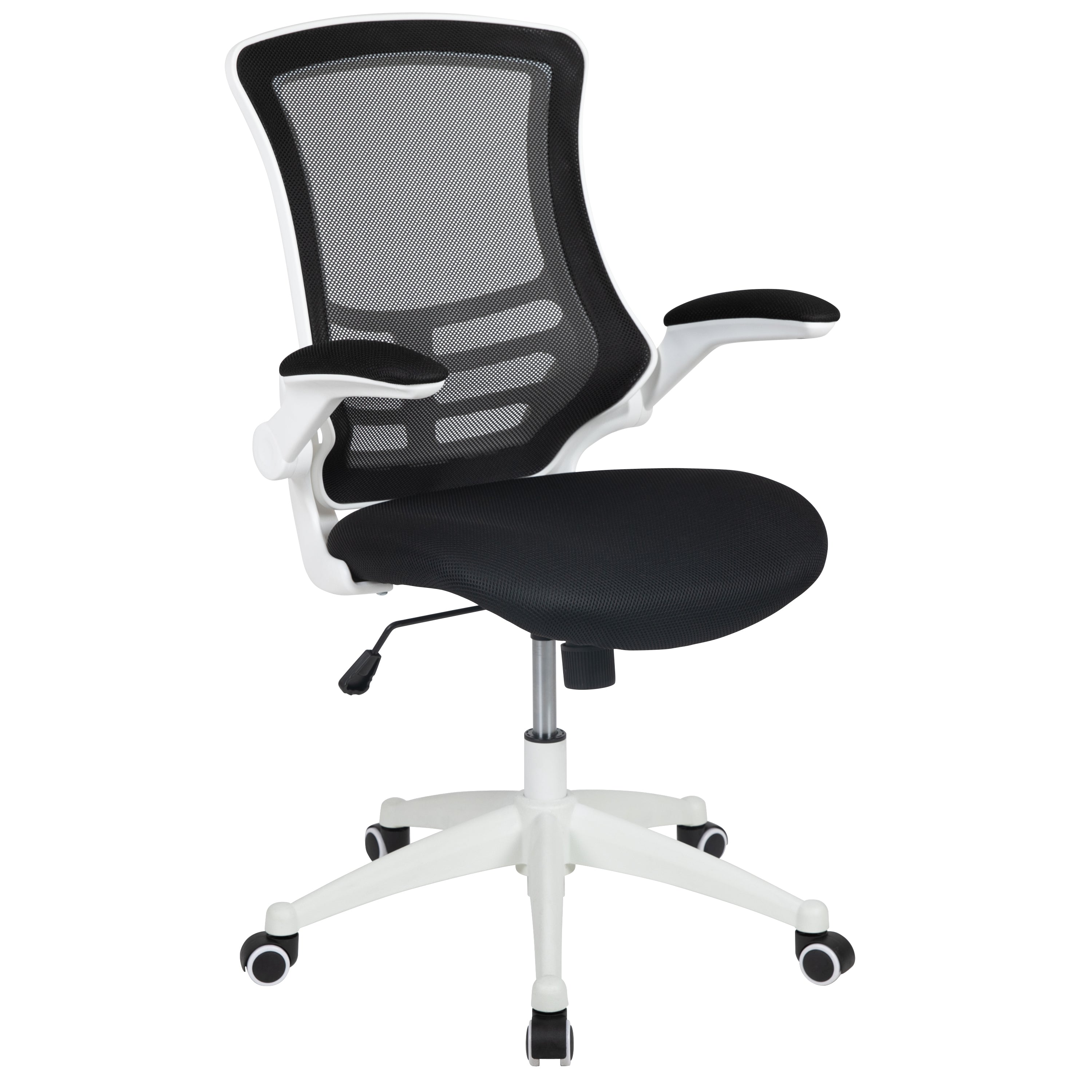 Kelista Mid-Back Black Mesh Swivel Ergonomic Task Office Chair with White Frame and Flip-Up Arms