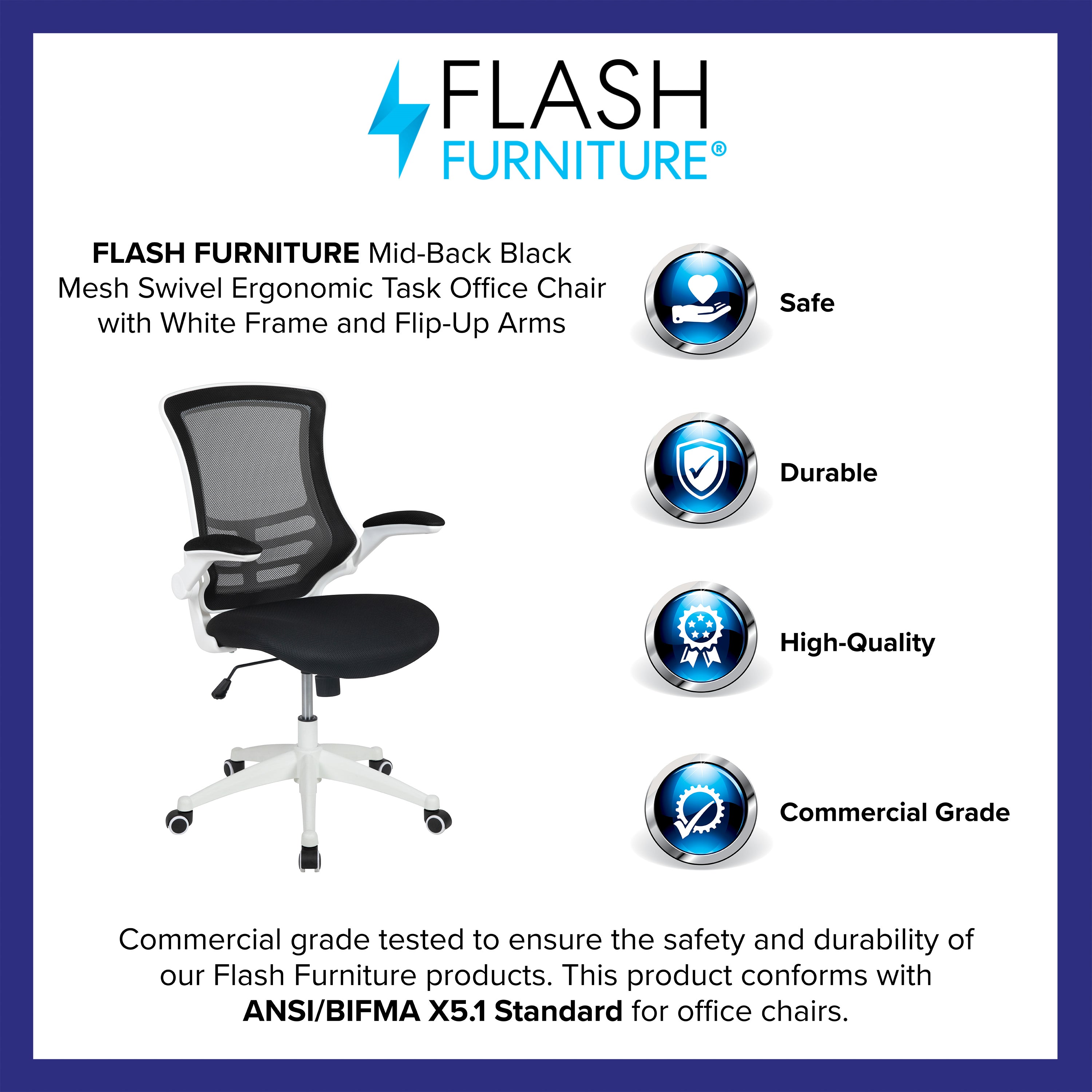 Kelista Mid-Back Black Mesh Swivel Ergonomic Task Office Chair with White Frame and Flip-Up Arms