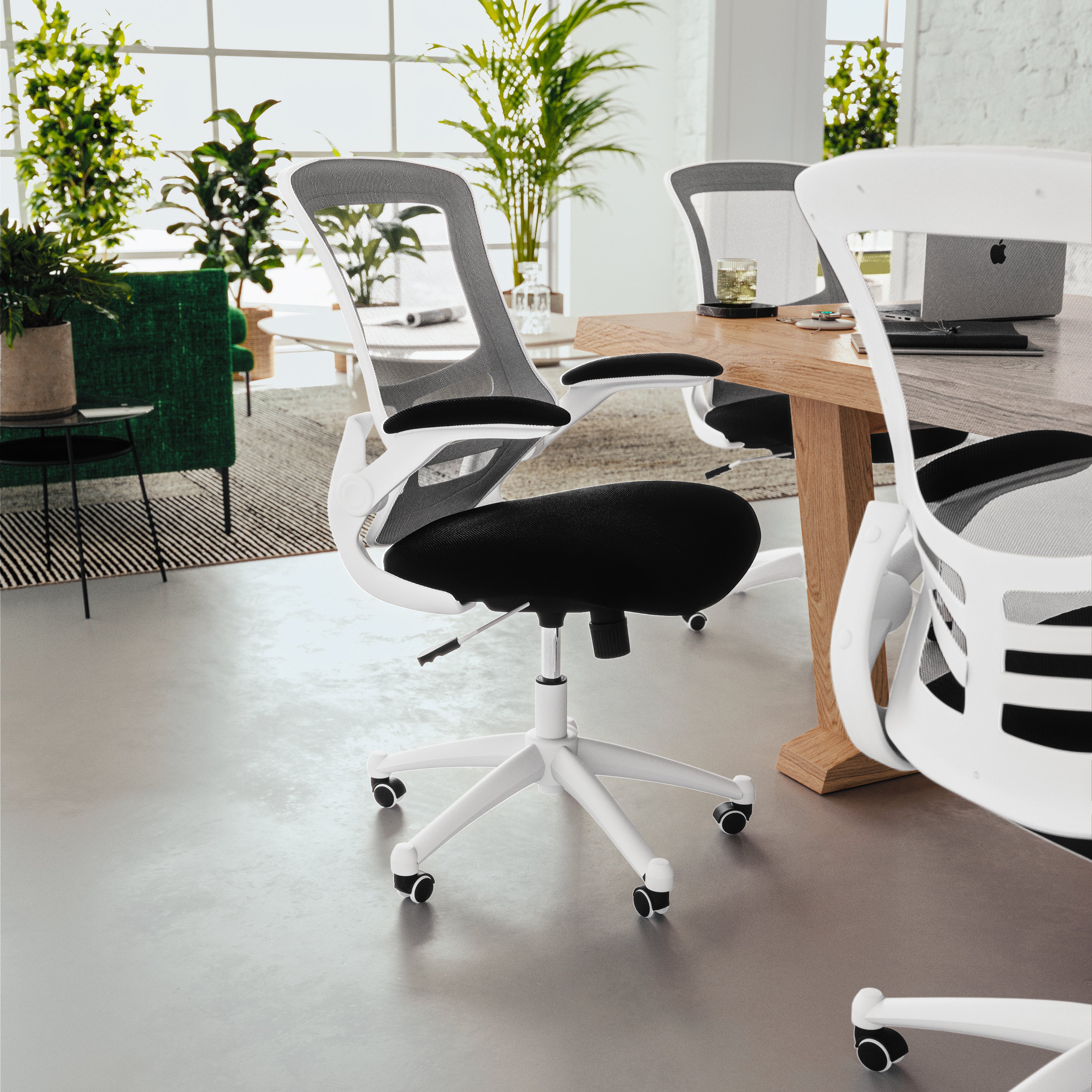 Kelista Mid-Back Black Mesh Swivel Ergonomic Task Office Chair with White Frame and Flip-Up Arms