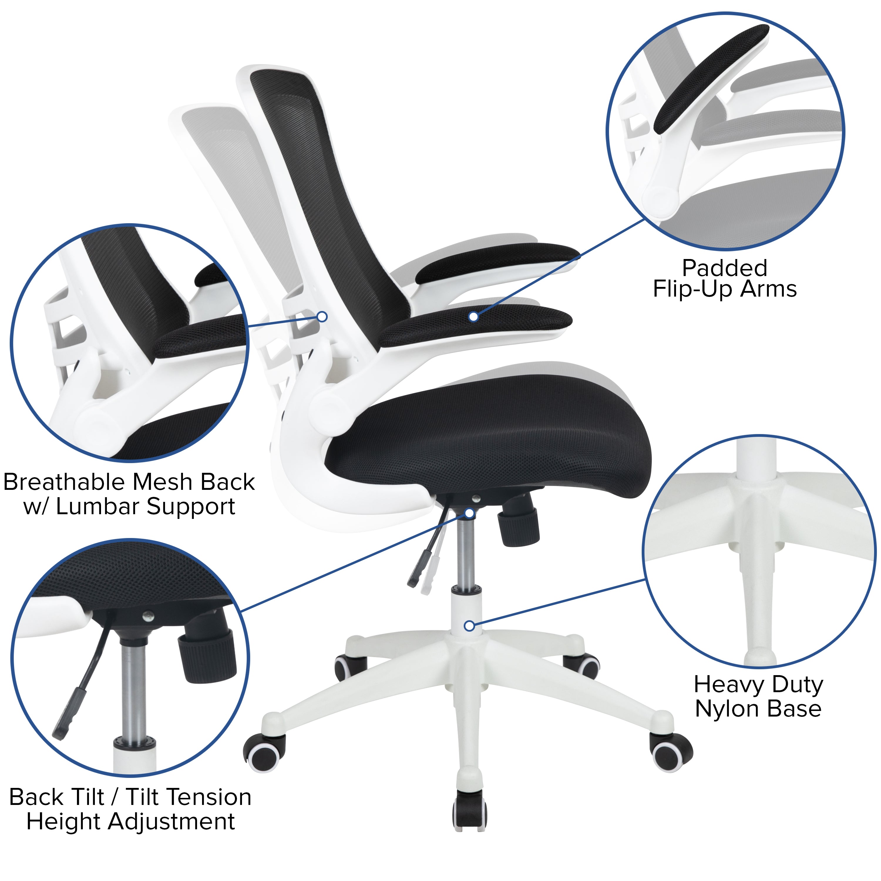 Kelista Mid-Back Black Mesh Swivel Ergonomic Task Office Chair with White Frame and Flip-Up Arms