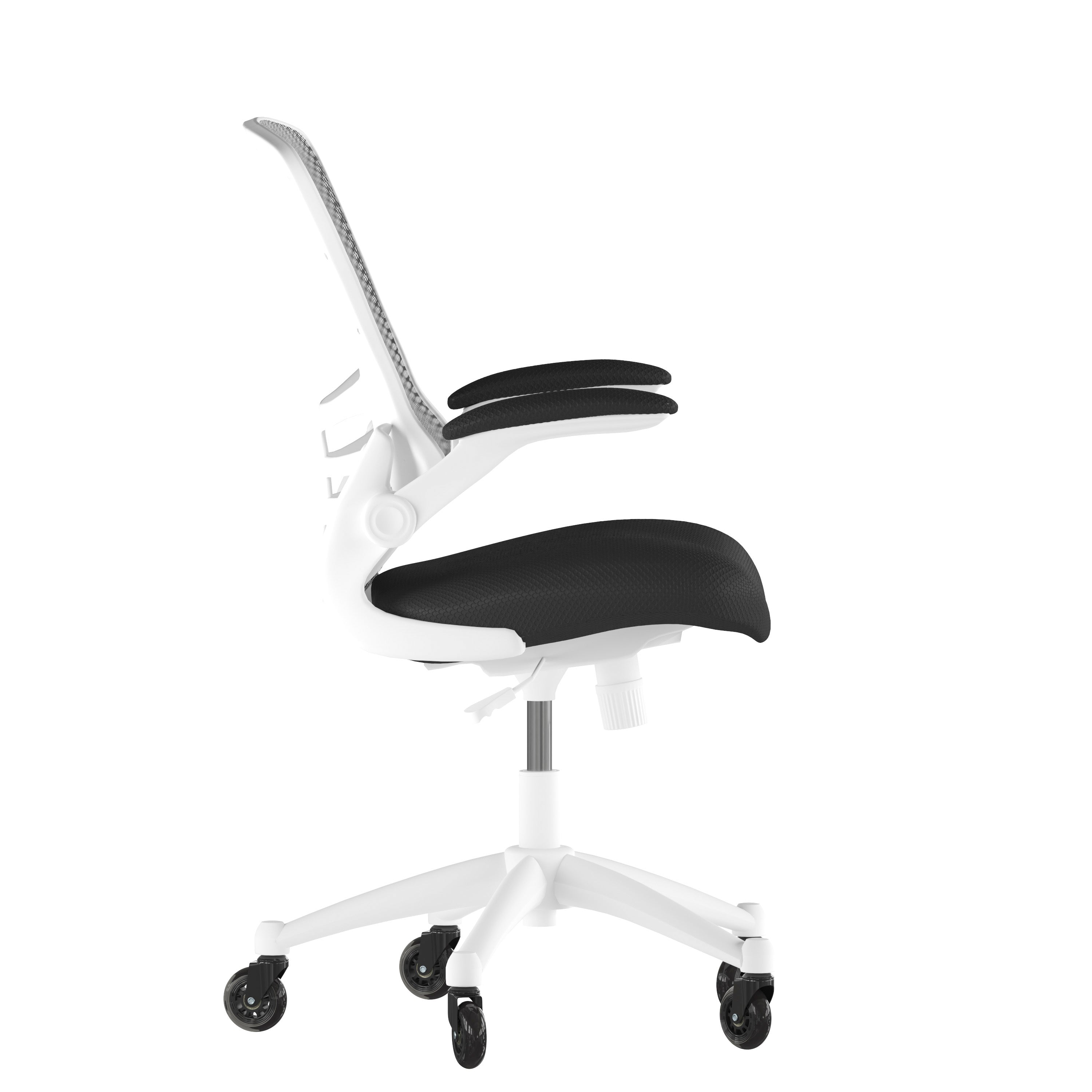 Kelista Mid-Back Black Mesh Swivel Ergonomic Task Office Chair with White Frame, Flip-Up Arms, and Transparent Roller Wheels