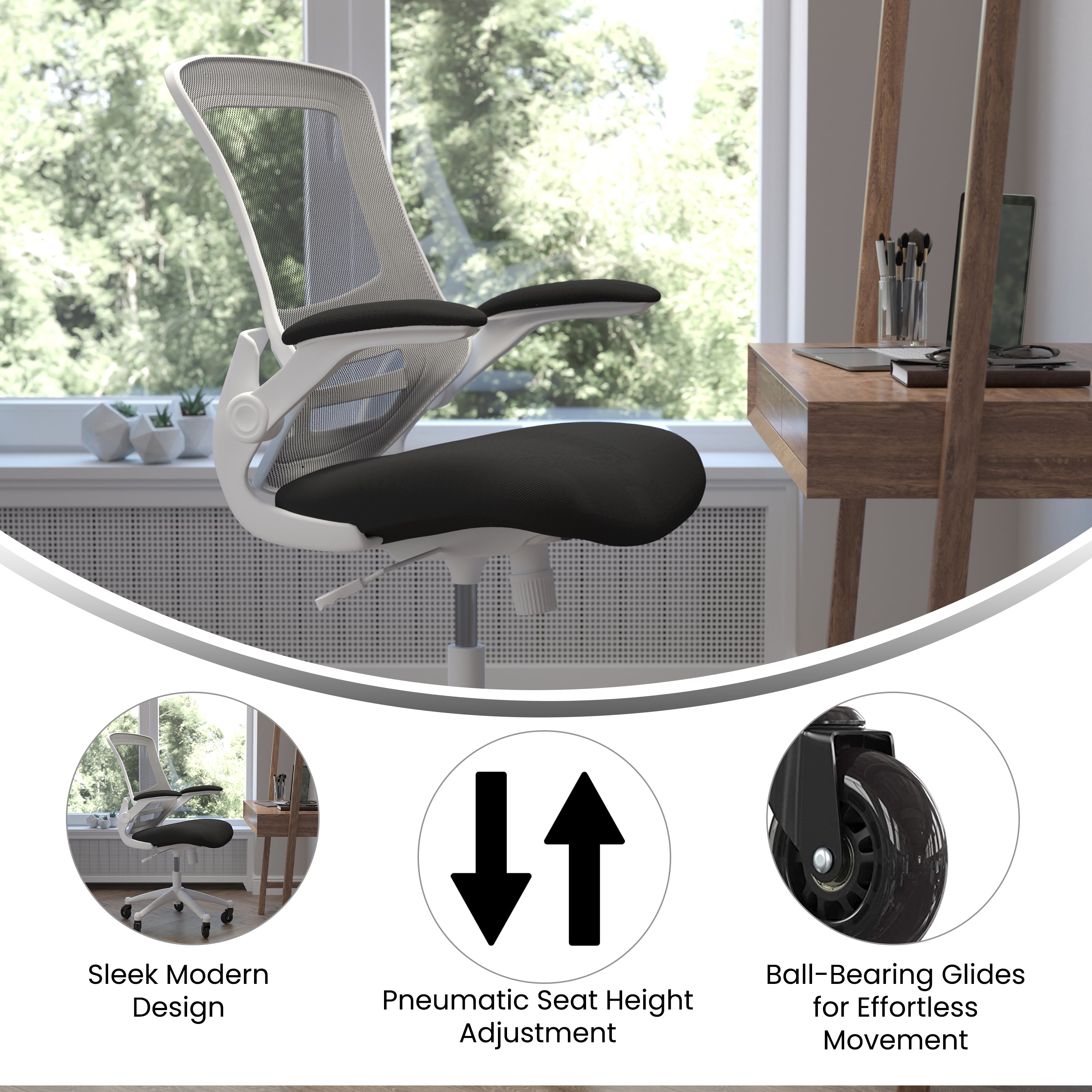 Kelista Mid-Back Black Mesh Swivel Ergonomic Task Office Chair with White Frame, Flip-Up Arms, and Transparent Roller Wheels
